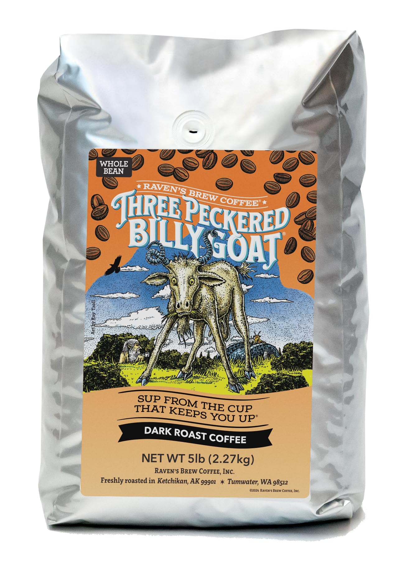Ravens Brew Coffee Three Peckered Billy Goat Dark Roast Whole Bean, 12 Ounce