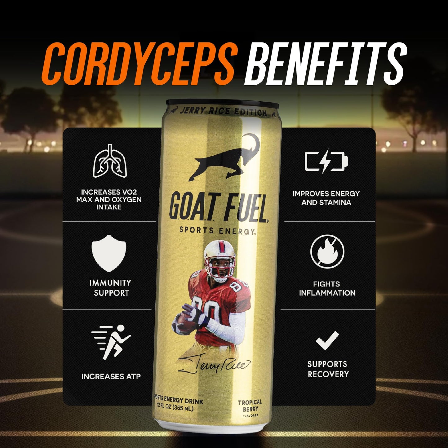 G.O.A.T. Fuel Energy Drink, Co-Founded By Jerry Rice, Natural Caffeine, Electrolytes, Bcaas, Cordyceps Mushrooms & Antioxidants, Light Carbonation Pre Workout, 12 Pack, 12 Fl Oz, Tropical Berry