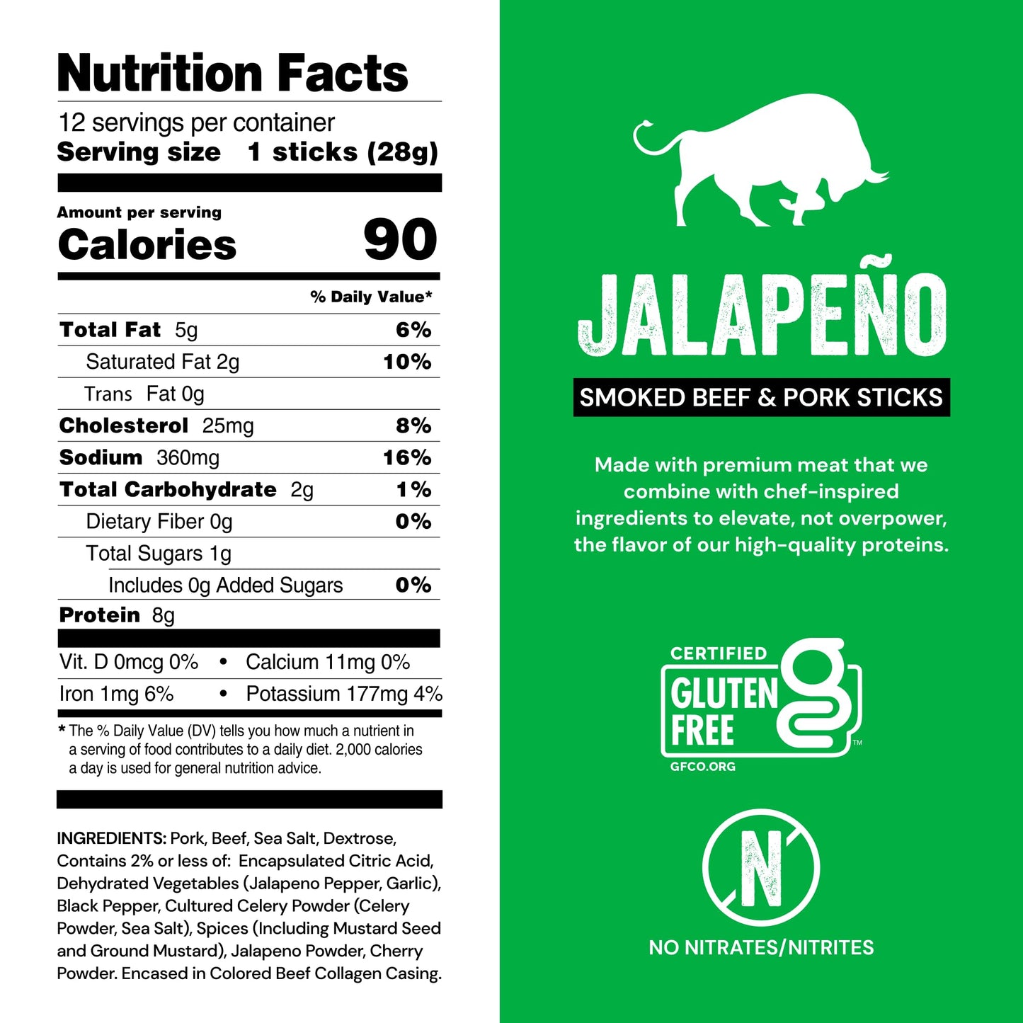 Chefs Cut Real Snack Sticks - High Protein Meat Snack, Gluten Free, Keto-Friendly, Jalapeño Heat, 1 oz Stick, 12-Count Bag