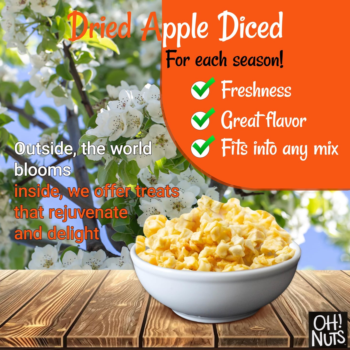Dried Apple | 1 Lb - Dried Fruit Diced | No Added Sugar | Dehydrated Fruit Bites | Packed In New York Zip-Seal Bag For Exceptional Freshness By Oh Nuts
