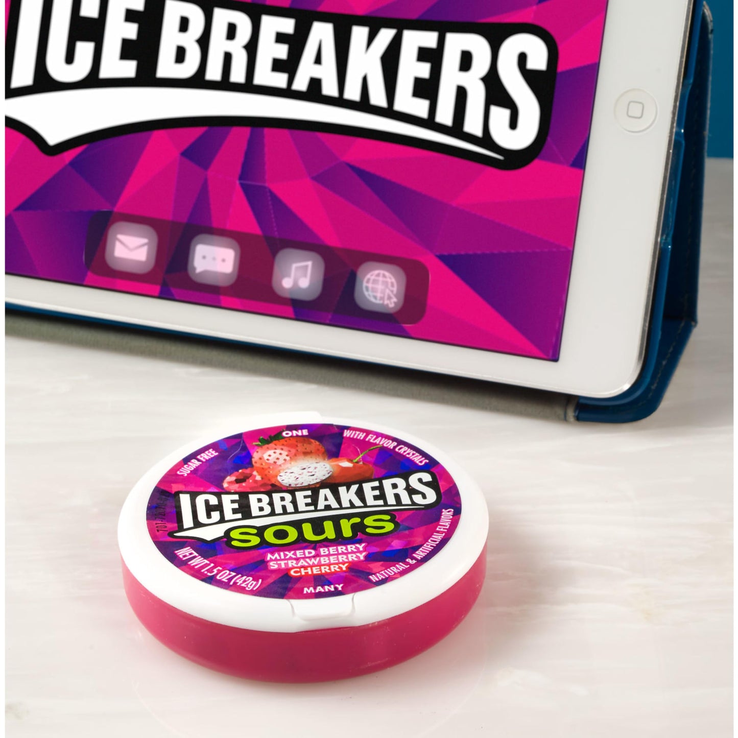 Ice Breakers Sours Assorted Fruit Flavored Sugar Free Mints, 1.5 oz Tin, 8 Count, Violet