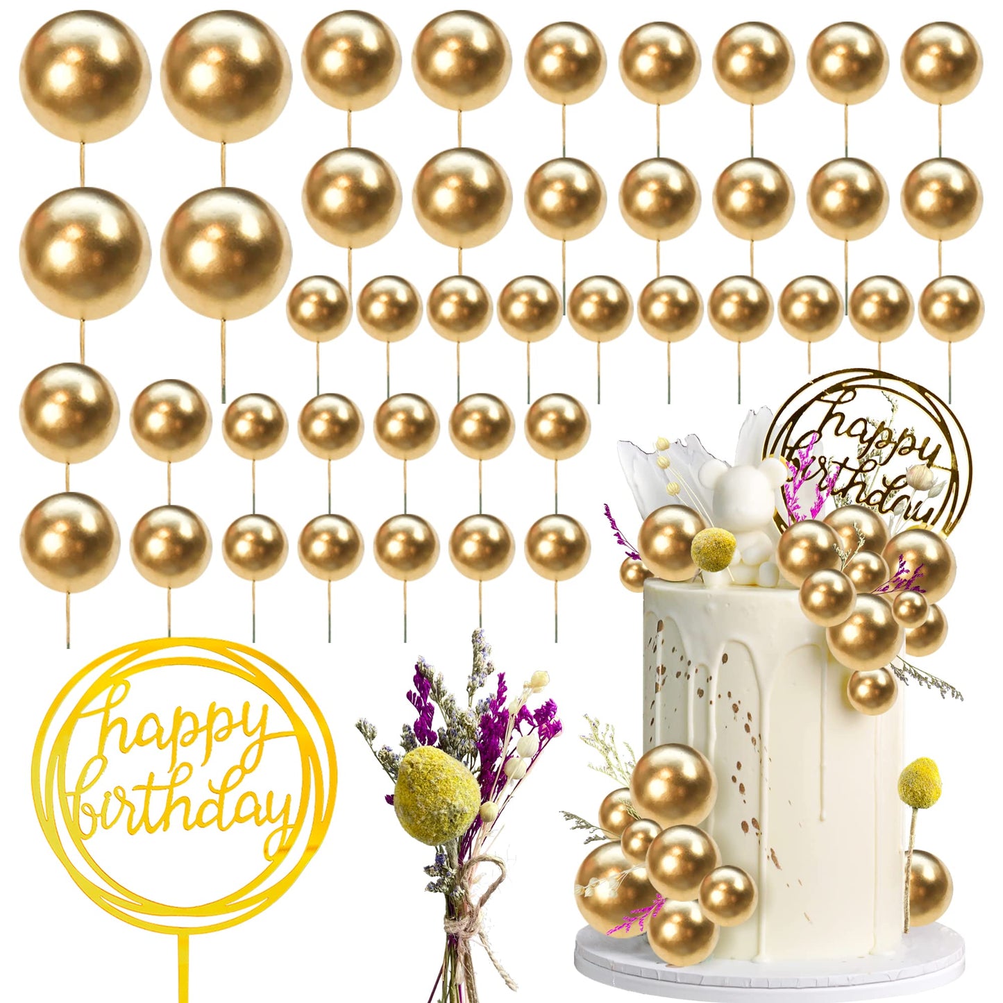 44 Pcs Mini Balls Cake Topper Diy Cake Insert Topper Foam Cake Balls Faux Pearl Balls Artificial Dried Flowers Baking Decoration