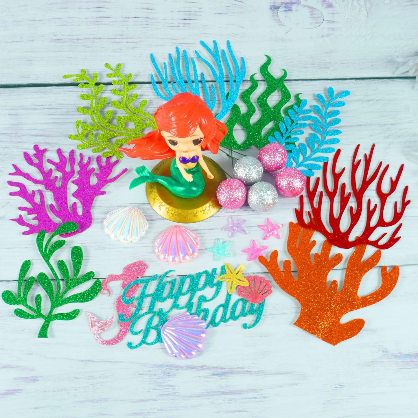 24Pcs Mermaid Cake Topper Under The Sea Cake Topper With Ariel Model Palm Leaves Sea Animals And Balls Topper For Little Mermaid