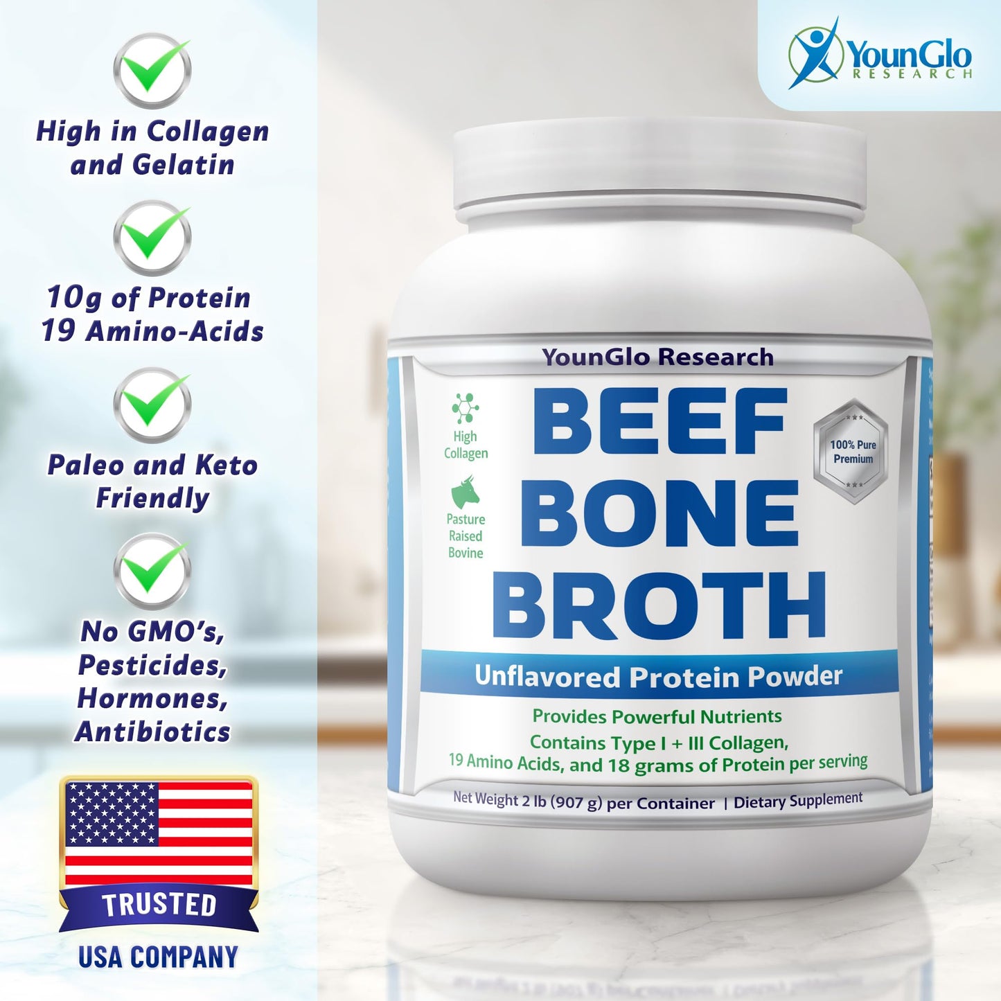 YounGlo Research Bone Broth Beef Protein Powder - Unflavored, 2 lb, High Collagen from Grass Fed Bovine - Paleo & Keto Friendly
