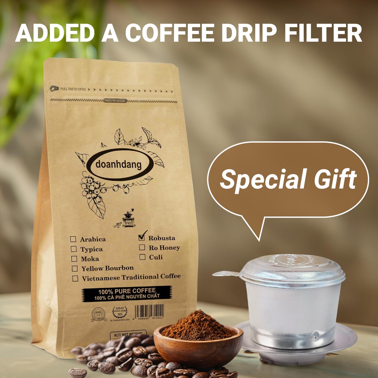 Doanhdang - 17.6 Oz Enhanced Robusta Ground Bean Coffee, 100% Robusta Medium Roast, Rich Flavor For Espresso Shot And Brew, Origin From Vietnam, Ground Med Roast Beans