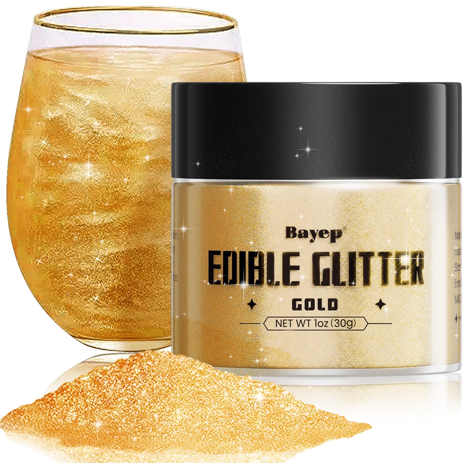 bayep Shimmer Gold Edible Glitter for Drinks & Cakes, 30g Luster Dust, Party Supplies