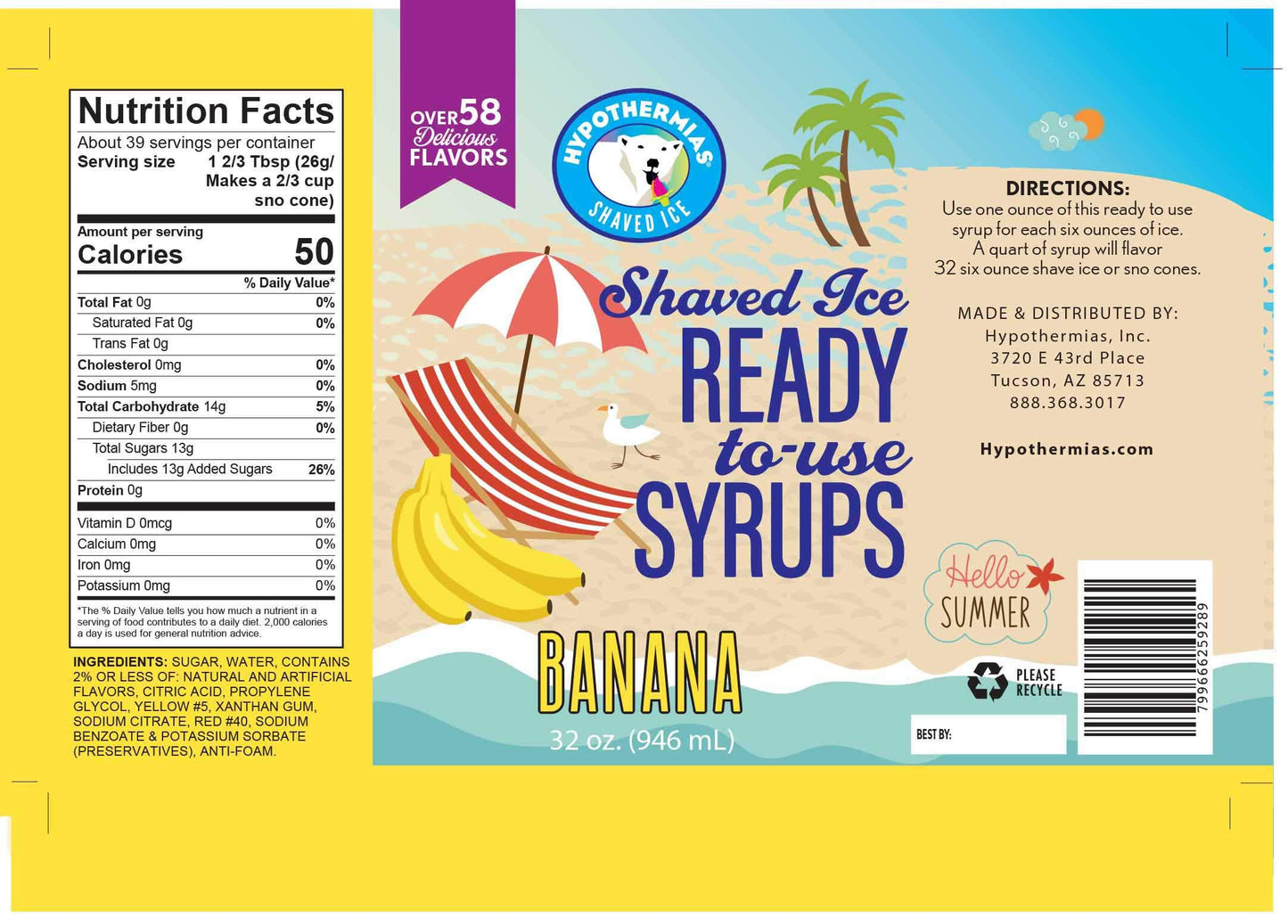 Hypothermias Shaved Ice & Snow Cone Syrup - Quart (32 Fl. Oz) - Banana - Non-Gmo 100% Pure Cane Sugar