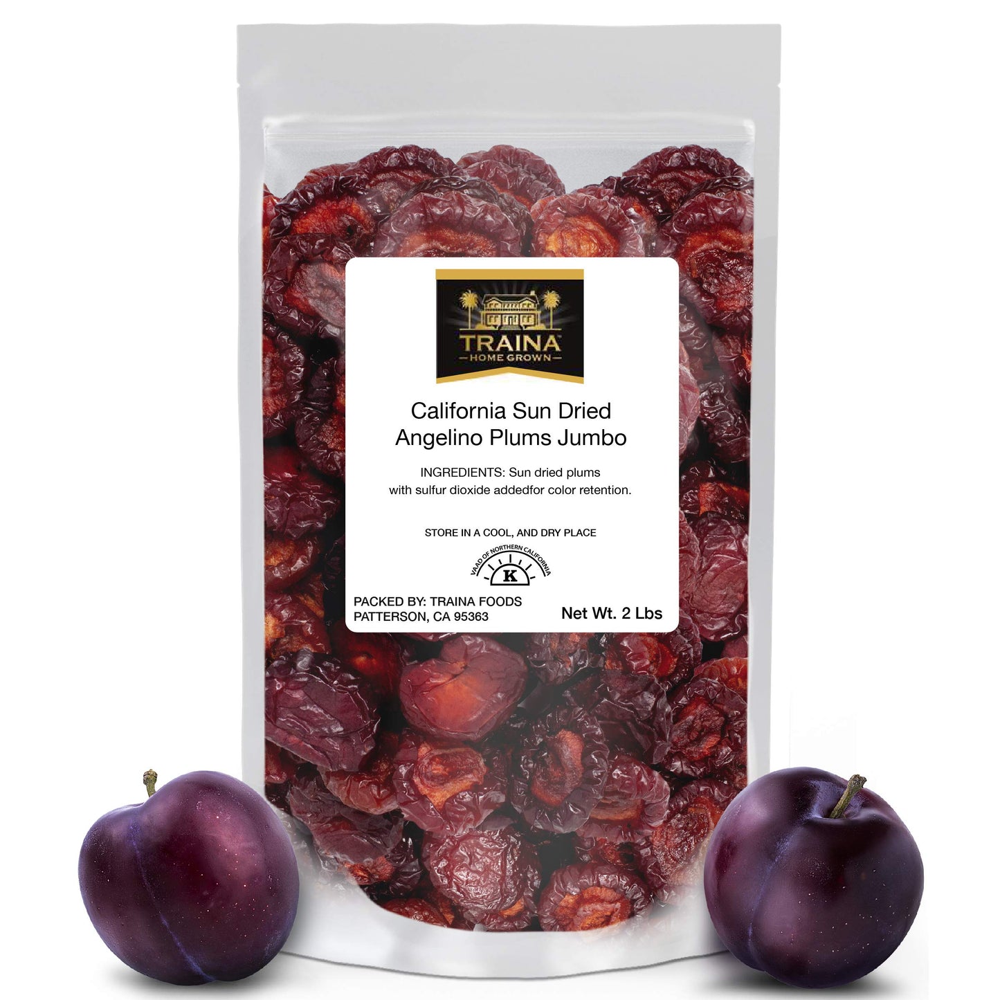 Traina Home Grown Jumbo California Sun Dried Angelino Plum Halves - Healthy  No Sugar Added  Chewy  Tangy  Deep Violet Color  Non Gmo  Gluten Free  Kosher Certified  Vegan  Packed In Resealable Pouch (2 Lbs)