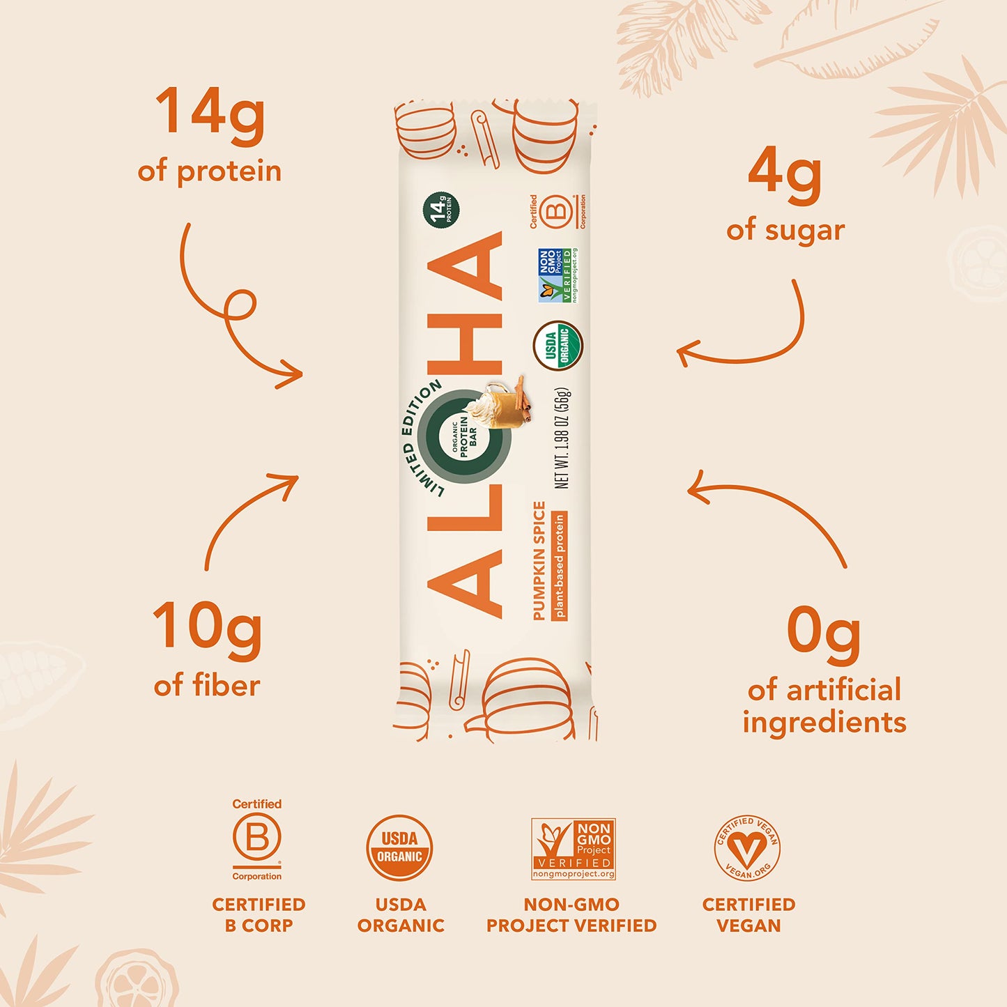 ALOHA Organic Plant Based Protein Bars, Pumpkin Spice, Vegan, Gluten-Free, Low Sugar, 12 Count