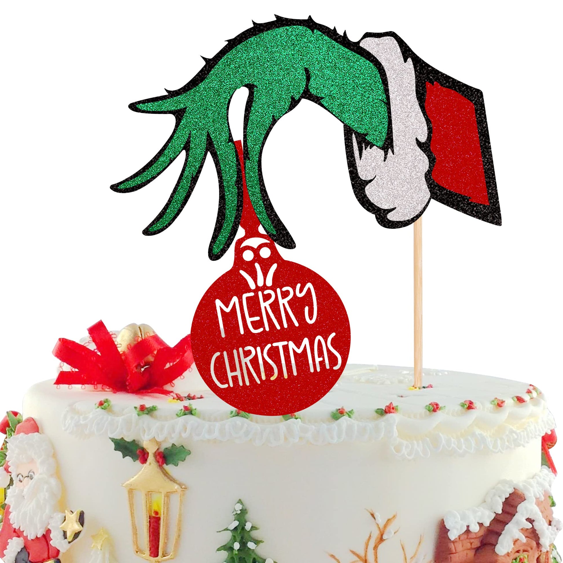 1 Pcs Merry Christmas Cake Topper With Red And Green Glitter Christmas Cake Pick For Merry Christmas Theme Party Sign Cake Decor
