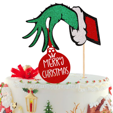 1 Pcs Merry Christmas Cake Topper With Red And Green Glitter Christmas Cake Pick For Merry Christmas Theme Party Sign Cake Decor