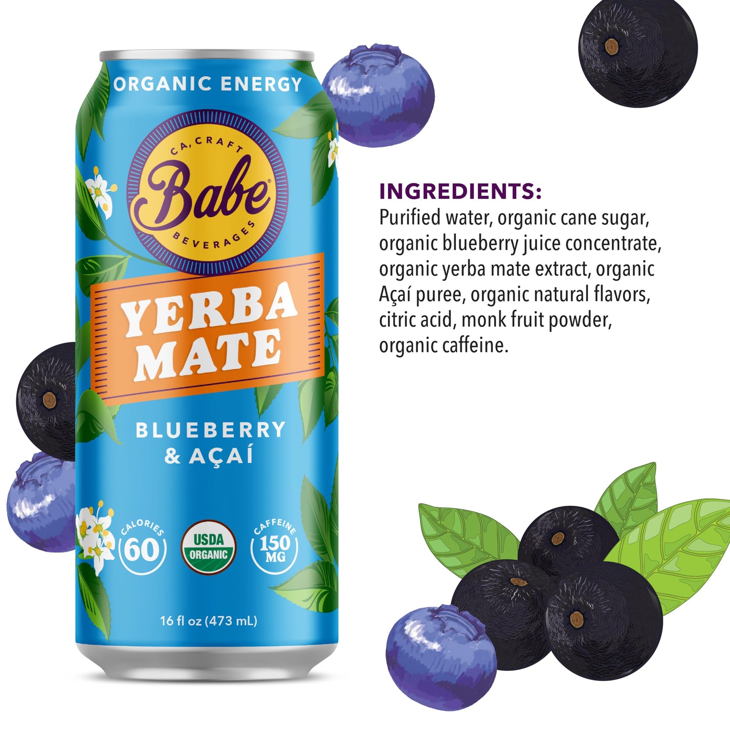 Babe Beverages Organic Yerba Mate Energy Drinks, 150mg Caffeine, Blueberry Açaí, 12 Pack, 16oz Cans