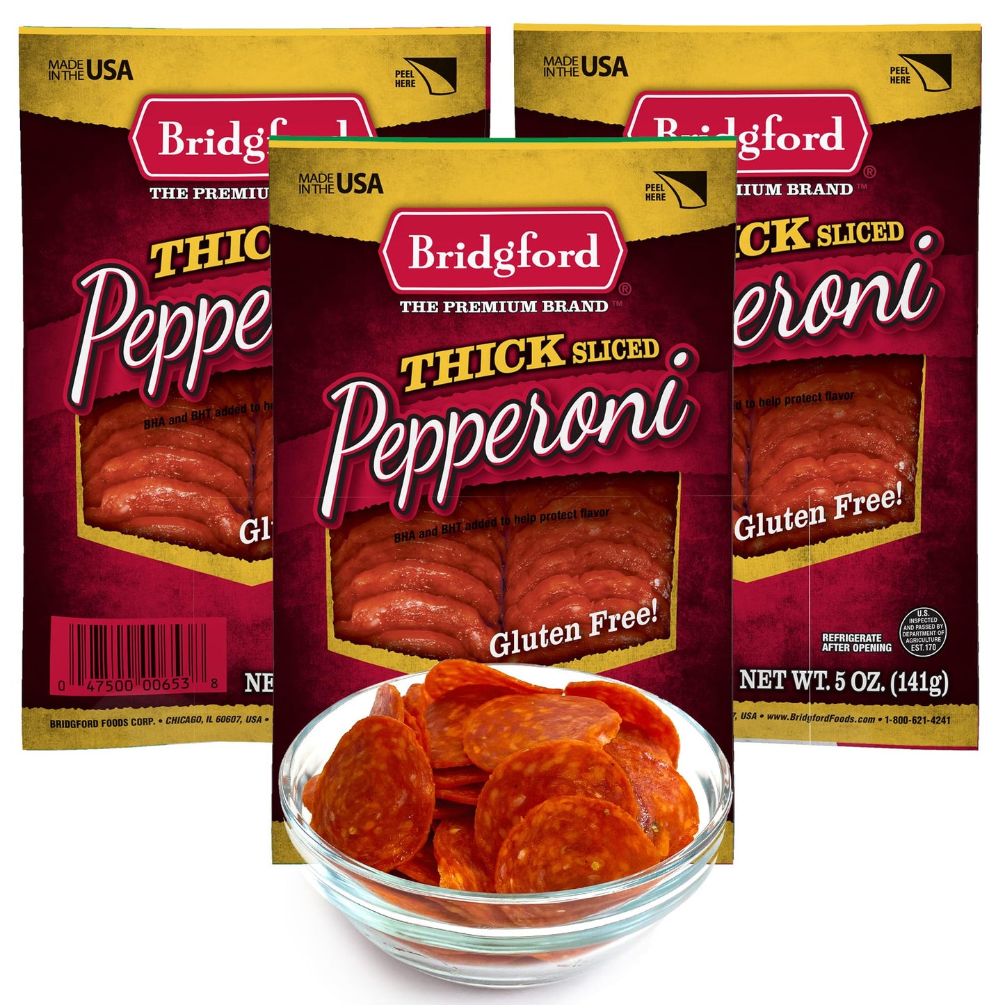 Bridgford Thick Sliced Pepperoni 5 oz Pack of 3 - Zero-Carb Slices for Pizza and Sandwiches