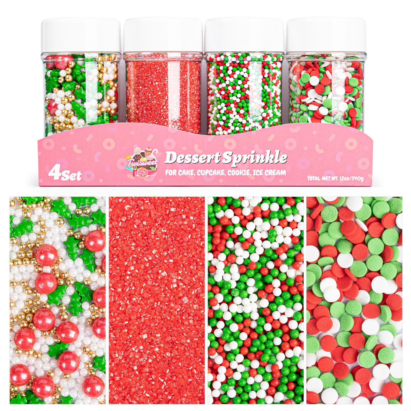 Twisweet Christmas Sprinkles 12oz, Red Green White Sprinkle for Cake Decorating, Edible Christmas Tree Sugar Sprinkles for Bakin