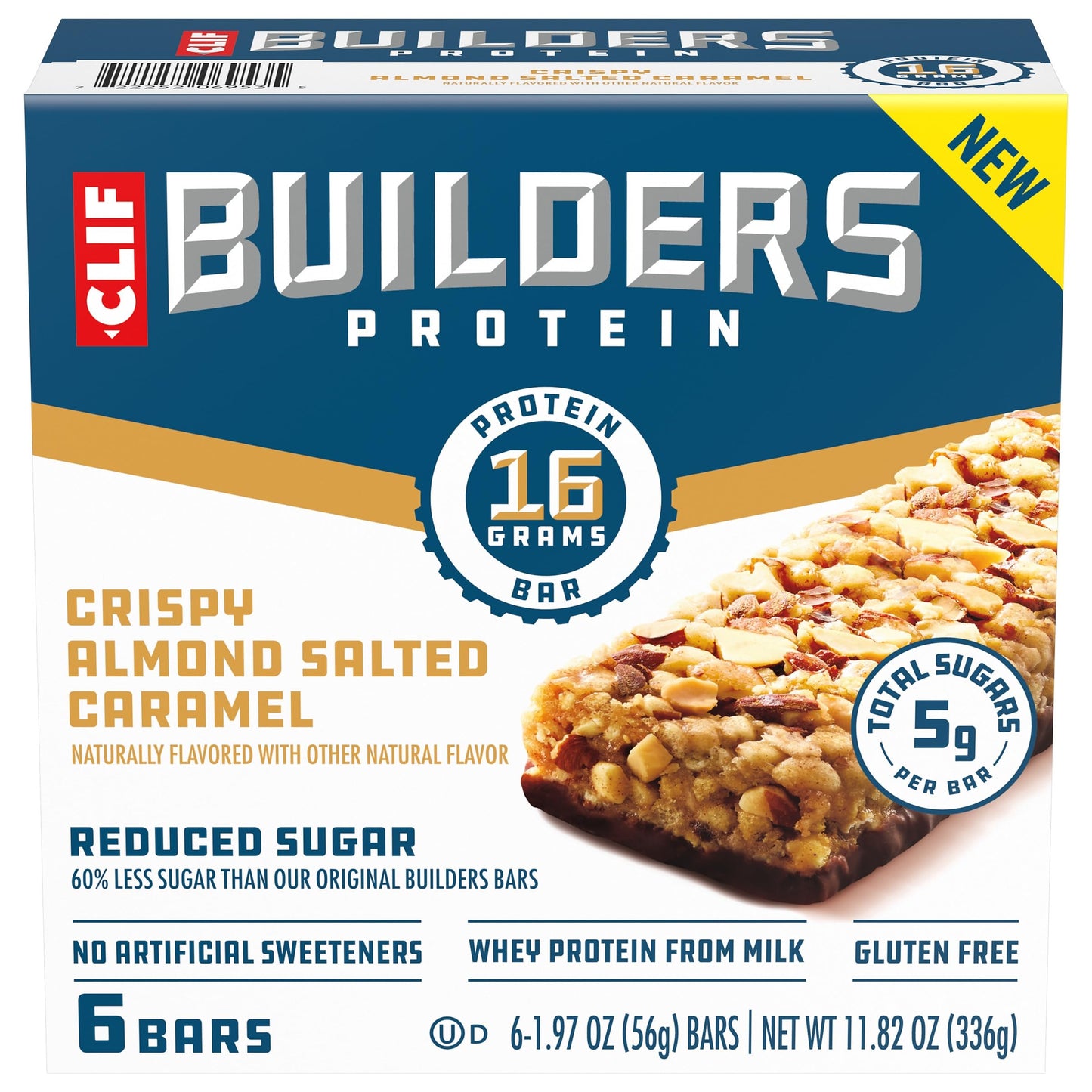 Clif Builders Protein Bars, Crispy Almond Salted Caramel, 16g Protein, Reduced Sugar, Gluten Free, 1.97 oz (6 Pack)