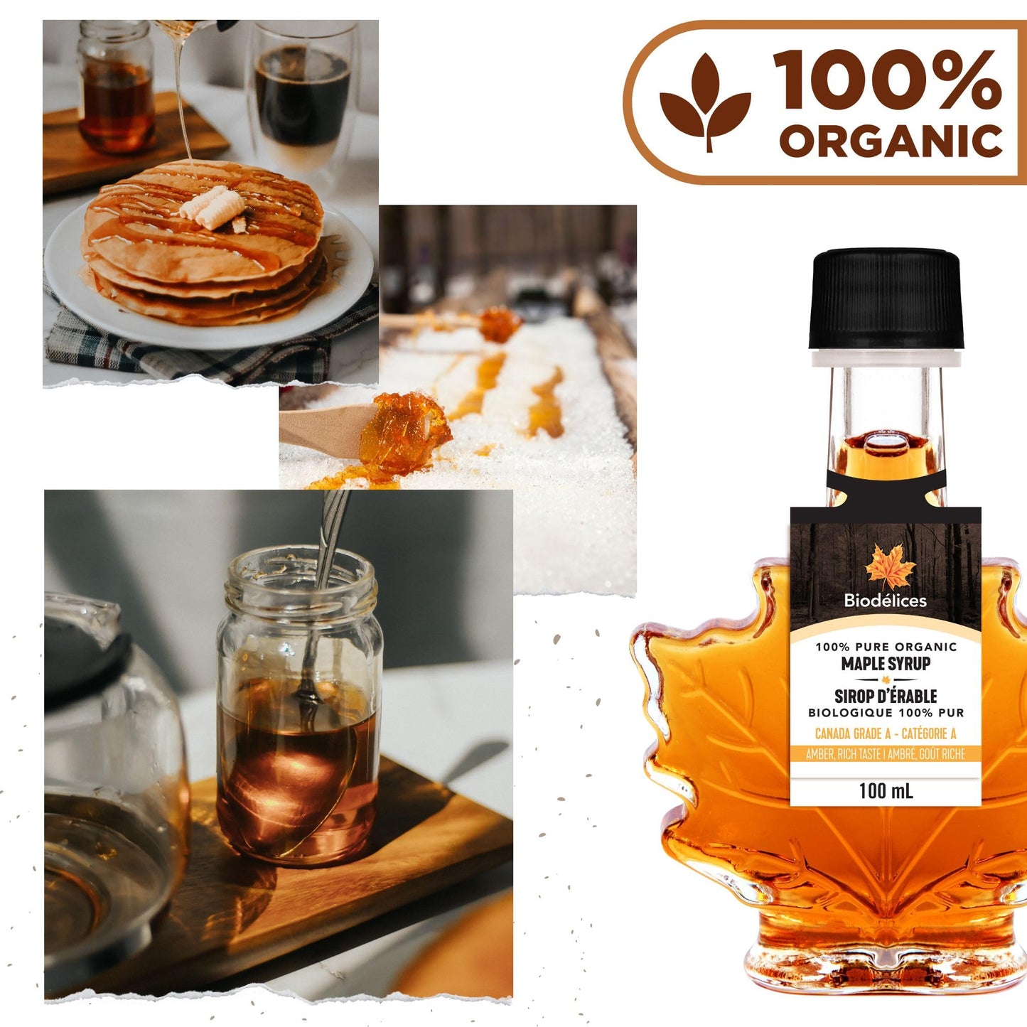 Biod  Lices 100% Pure Organic Maple Syrup - Premium Grade A - Quebec'S Finest In Elegant Maple Leaf Bottle (3.38 Fl Oz (Pack Of