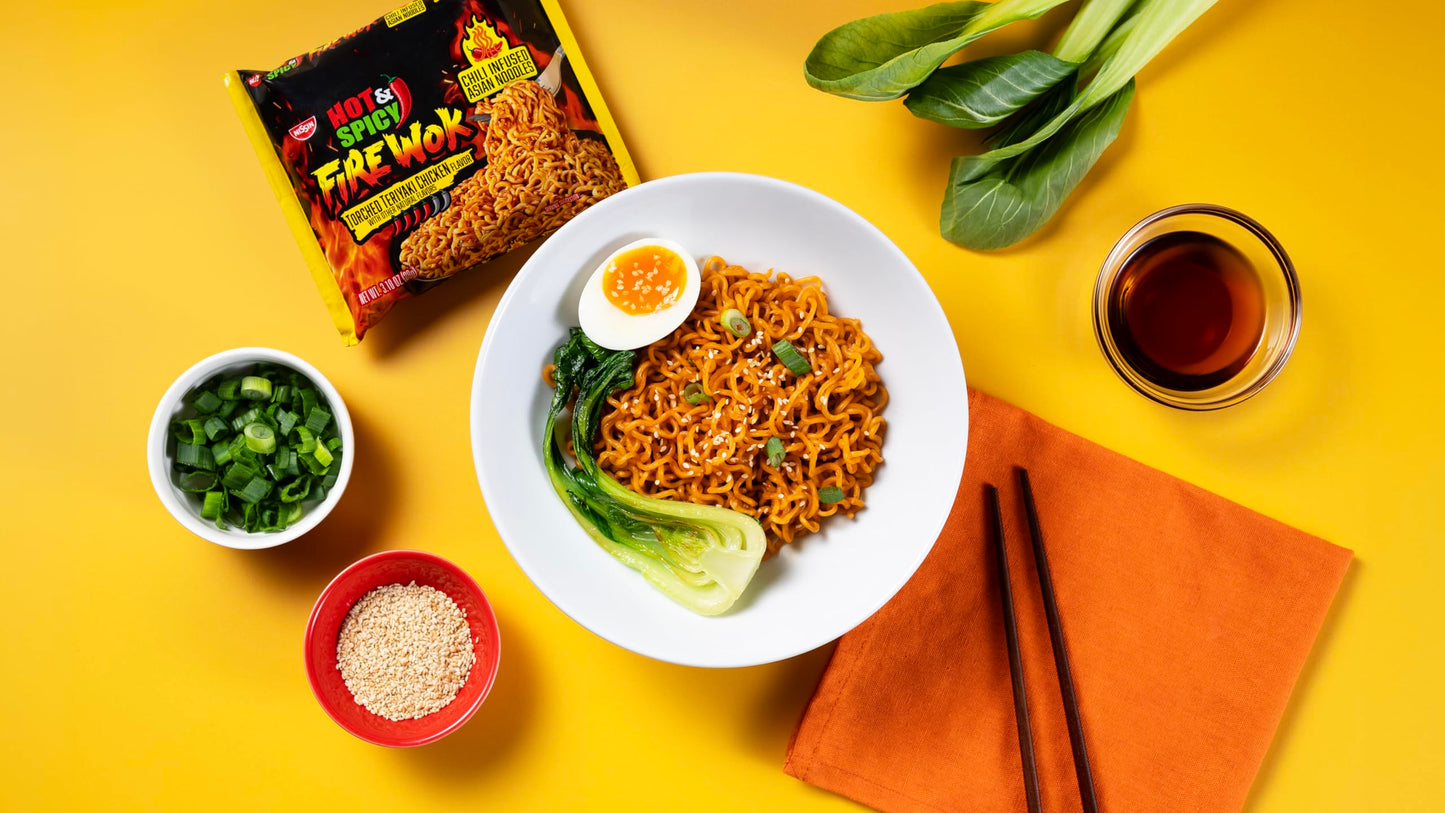 Nissin Fire Wok, Torched Teriyaki Chicken, Hot & Spicy Chile Infused Asian Noodles, 3.10 Ounce (Pack Of 12)