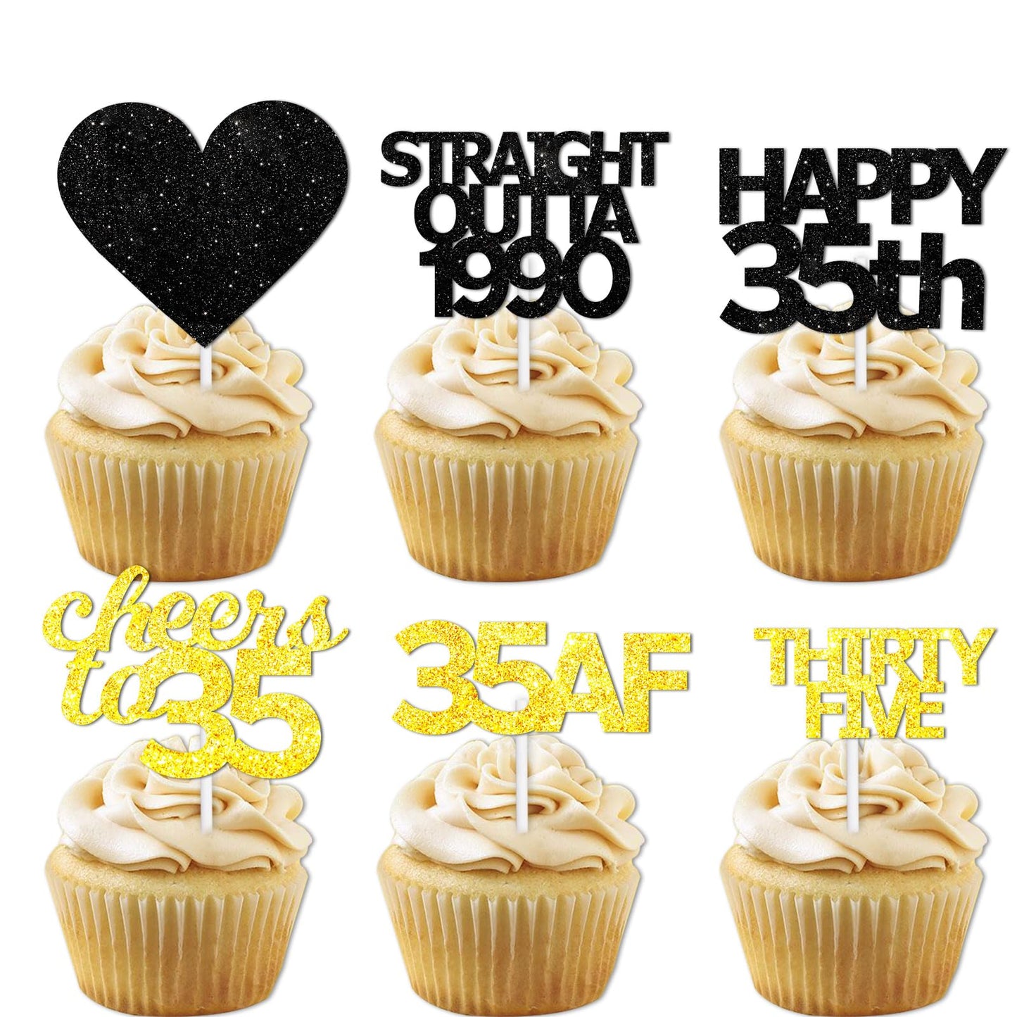18pcs Black Gold Glitter Dessert Cupcake Pick for Straight Outta 1990 Cheer to 35 Years Old Theme Decor Supplies Happy 35th Birt