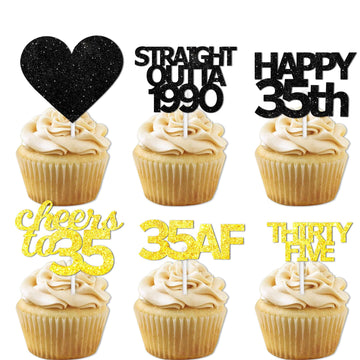 18pcs Black Gold Glitter Dessert Cupcake Pick for Straight Outta 1990 Cheer to 35 Years Old Theme Decor Supplies Happy 35th Birt