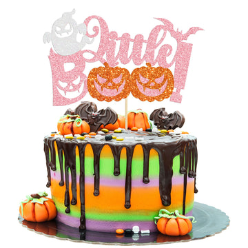 Gyufise 1Pc Little Boo Halloween Cake Topper Pink Glitter Pumpkin Ghost Halloween Baby Shower Cake Decorations For Halloween The