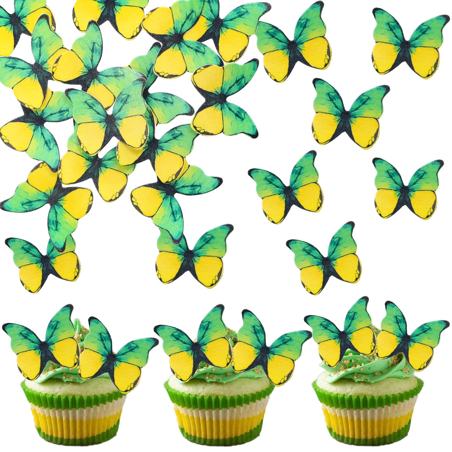 Ephlyn 48Pcs Edible 3D Butterfly Cupcake Toppers, Paper, 1.7in, Yellow Green, Baby Shower, Birthday Party Decorations