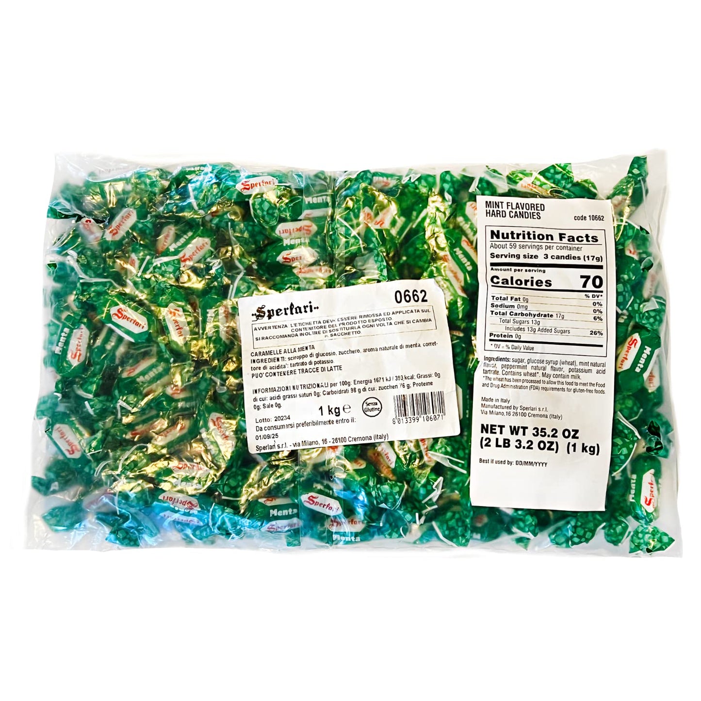 Sperlari "Menta" Mint Hard Candy Bulk Bag, Individually Wrapped Italian Sweets, 1 Kg / 2.2 Lbs Bag (1-Pack)