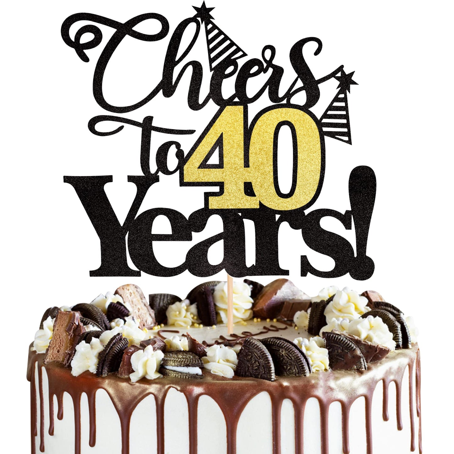 Rsstarxi 1 Pack Cheers To 40 Years Cake Topper Black Glitter Forty Years Old 40Th Birthday Cake Pick Decorations For 40Th Birthday Wedding Anniversary Party Supplies