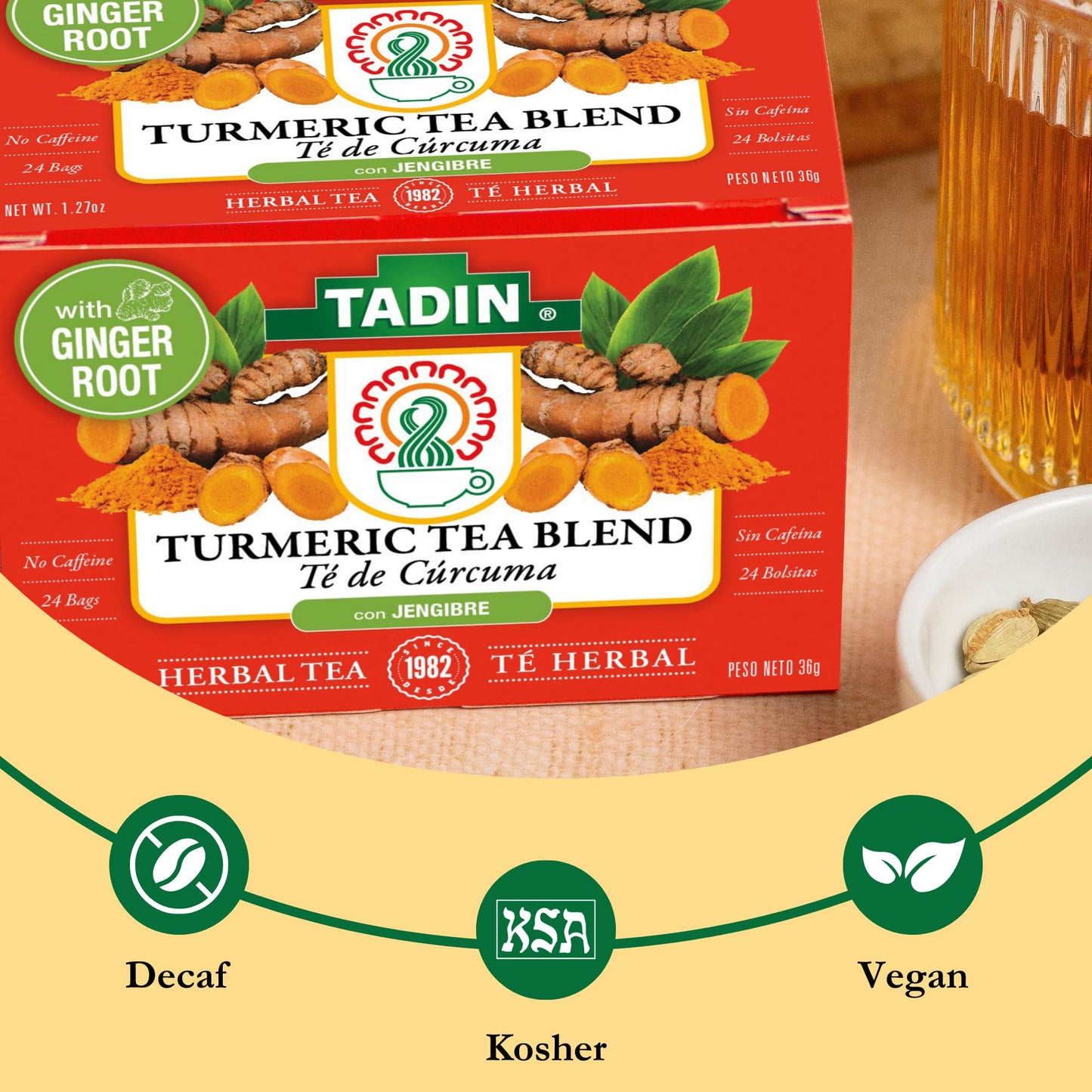 Tadin Turmeric Herbal Tea Blend, Caffeine Free, 24 Tea Bags per Box, Pack of 6