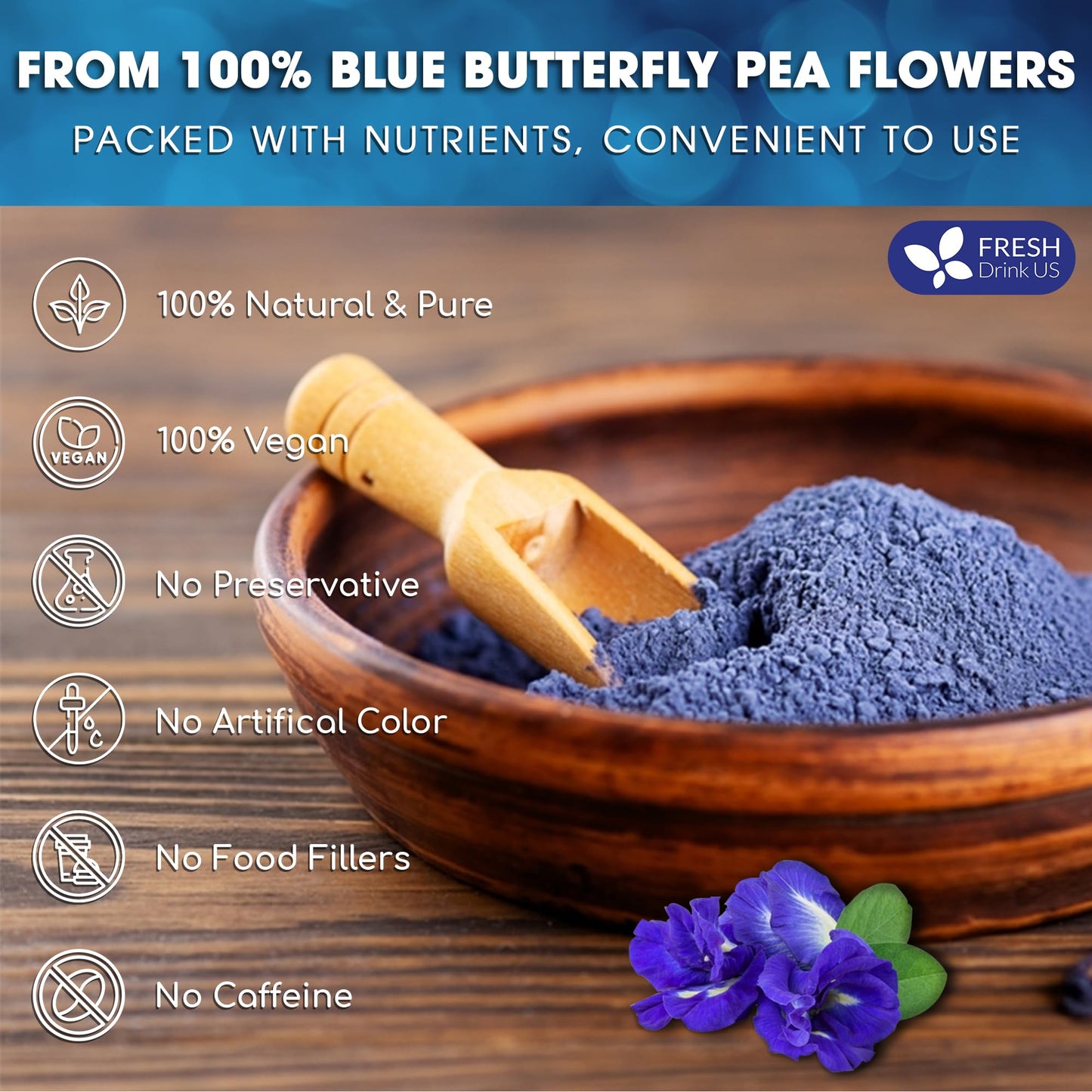 FRESHDRINKUS Butterfly Pea Flower Powder, 100% Natural, Vegan, 6.5oz (Pack of 1)