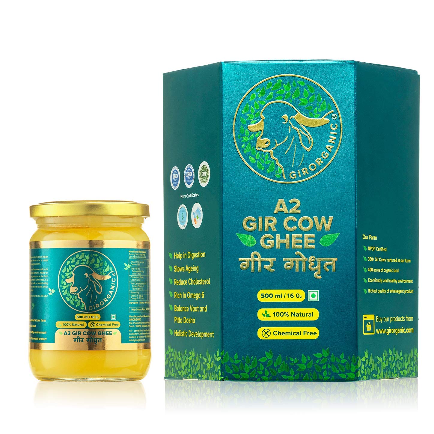 Girorganic Grass Fed A2 Ghee | Clarified Butter (16 Oz) - Unsalted Gir Cow Ghee Butter - Organic Ghee Oil - Pasture Raised, Lact