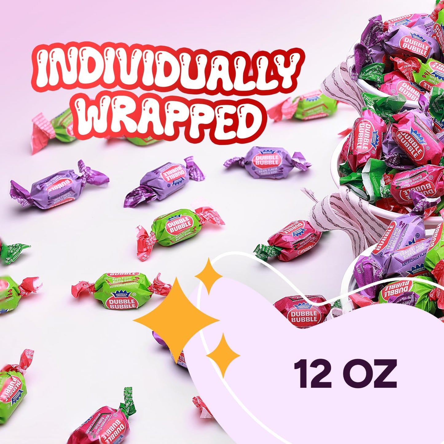 Bubblegum - 12 OZ Bag - Chewing Gum for Kids- Grape, Apple, Watermelon - Individually Wrapped - Great for Party Favors, Goody Ba