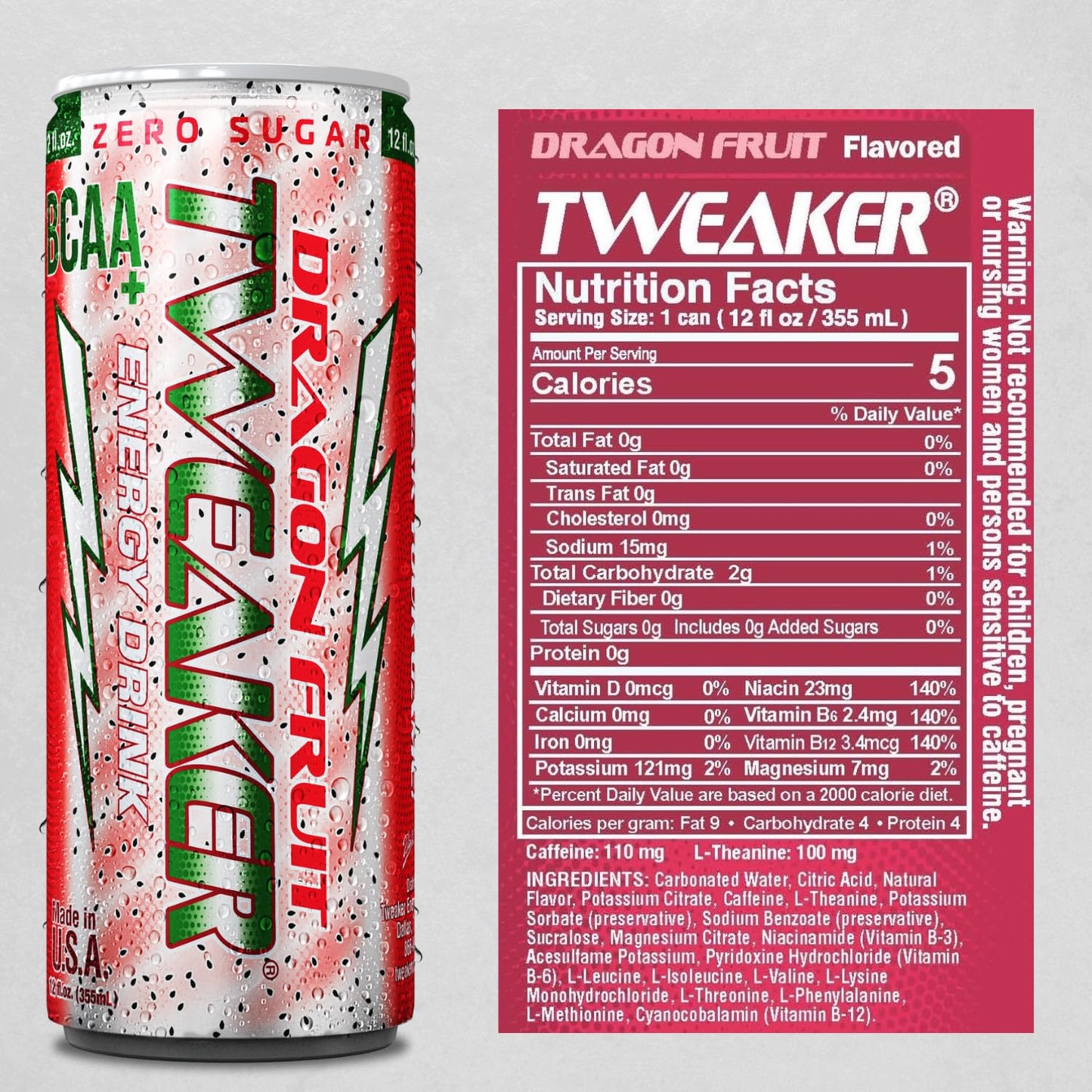 Tweaker Energy Drink Pre Workout - Sugar Free, Low Calorie, 110 mg Caffeine, 12 oz (Pack of 12) - Dragon Fruit Flavor
