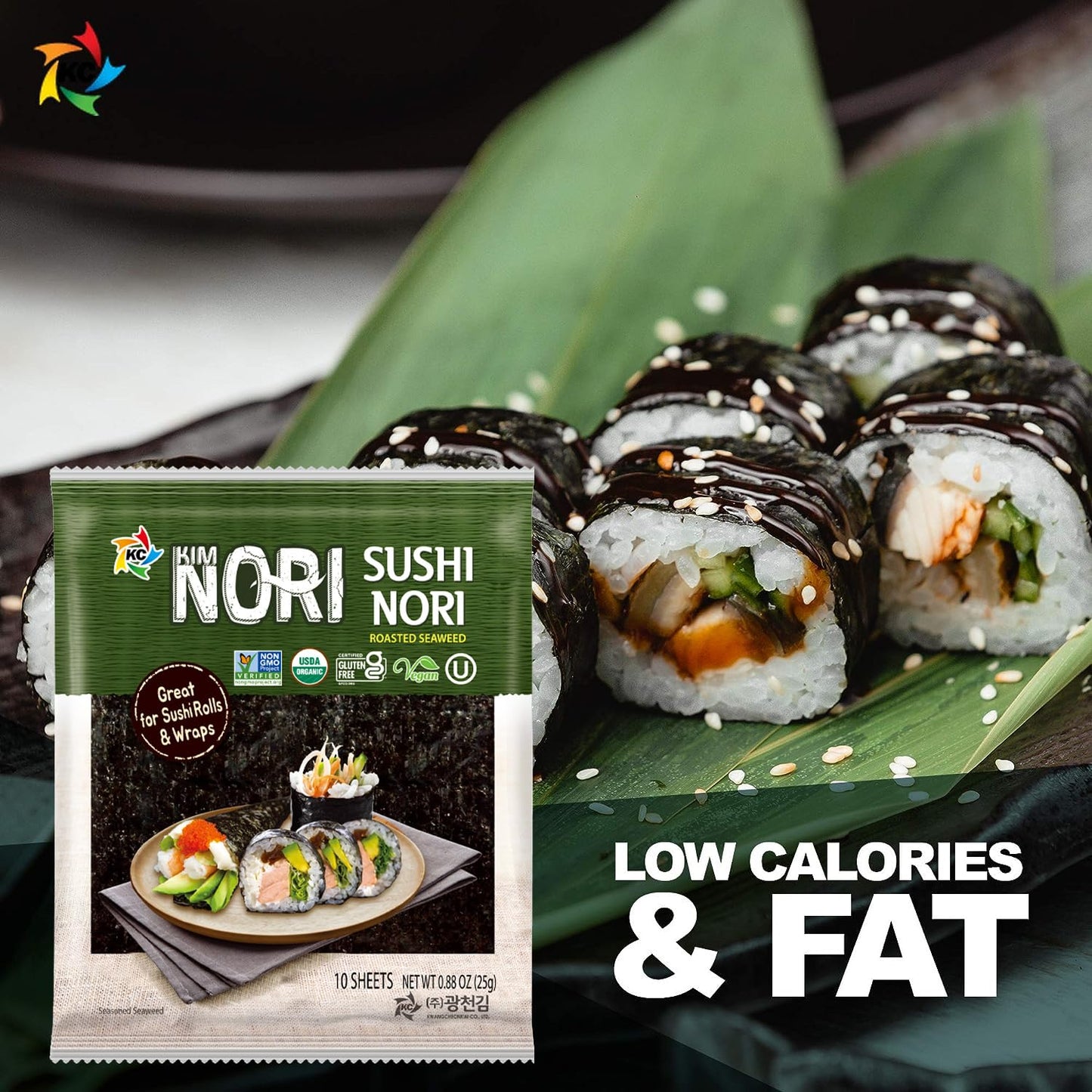 KIMNORI Sushi Nori Sea Sheets - 10 Full Size USDA Organic Yaki Roasted Rolls Wraps Snack 100% Natural Laver Gluten Free No MSG Non GMO Vegan Kosher 25 Gram 0.88 Ounce ? ?? ?? ??