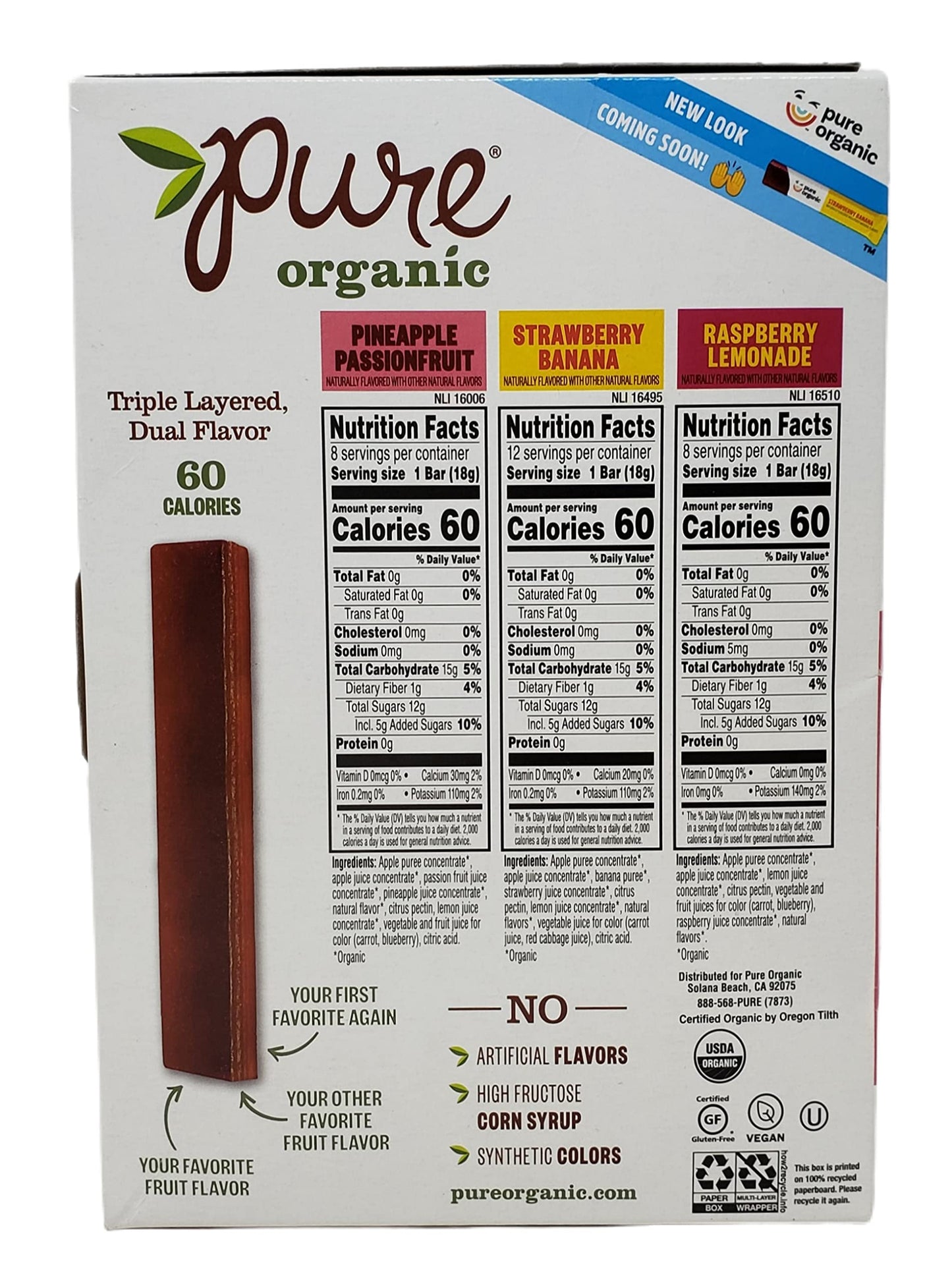 Pure Organic Layered Fruit Bars - Pineapple Passion Fruit, Strawberry Banana, Raspberry Lemonade - 56 Count Box