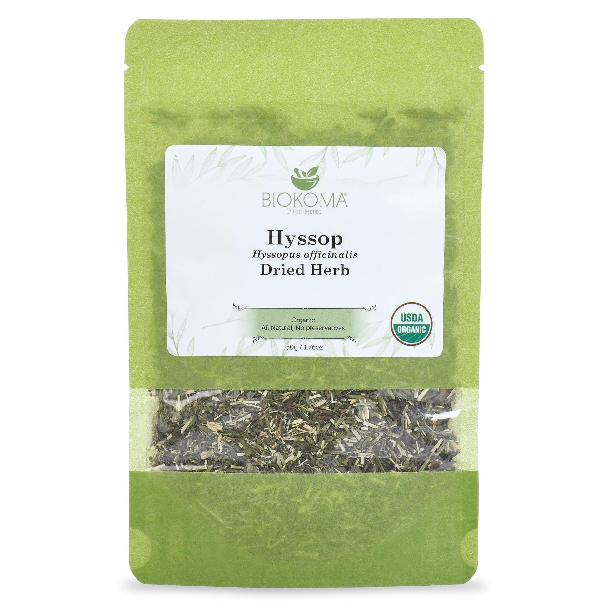 Biokoma Pure And Organic Hyssop Dried Herb 50G (1.76Oz) In Resealable Moisture Proof Pouch, Usda Certified Organic - Herbal Tea, No Additives, No Preservatives, No Gmo, Kosher