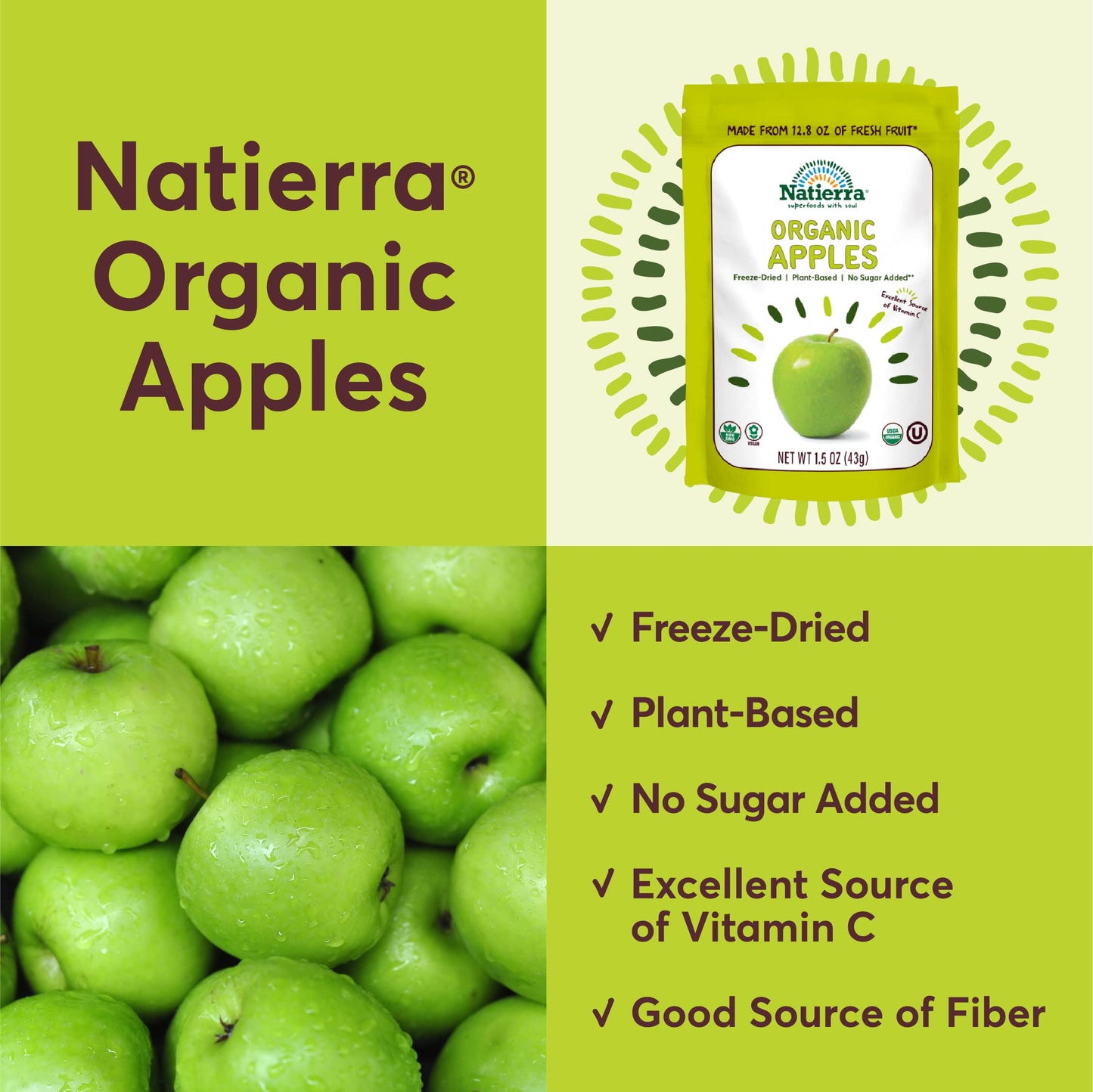 Natierra Organic Freeze-Dried Apples | No Sugar Added | Usda Organic, Non-Gmo & Vegan | 1.5 Oz (Pack Of 12)