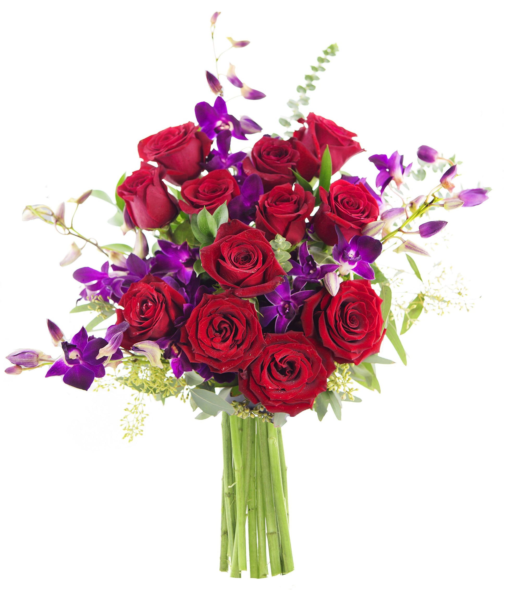 KaBloom Mothers Day Collection Ambrosia Roses & Orchids Bouquet, 12 Red Roses, 5 Purple Orchids, Without Vase, Model KADF1550-V999-A999