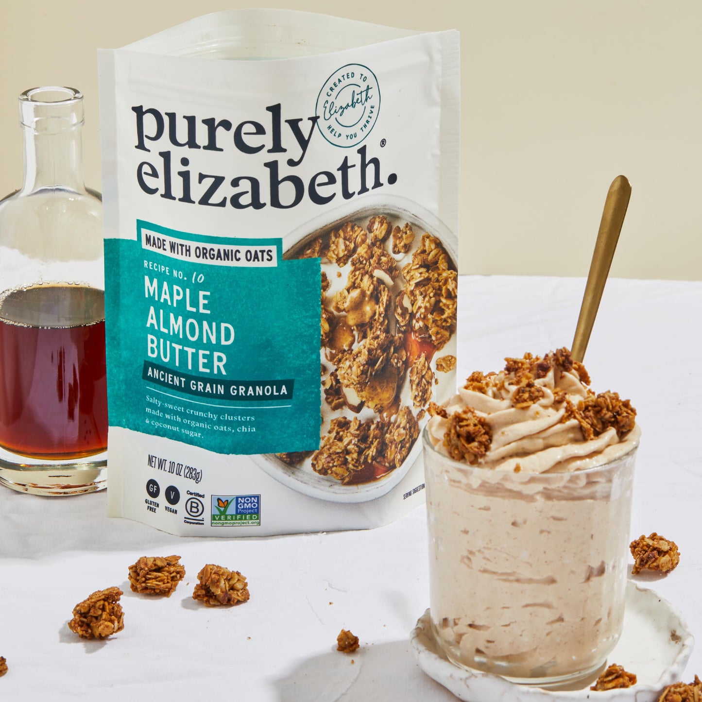 Purely Elizabeth Maple Almond Butter Granola, Made with Organic Oats and Ancient Grains, Gluten-Free, Non-GMO (10oz Bag)