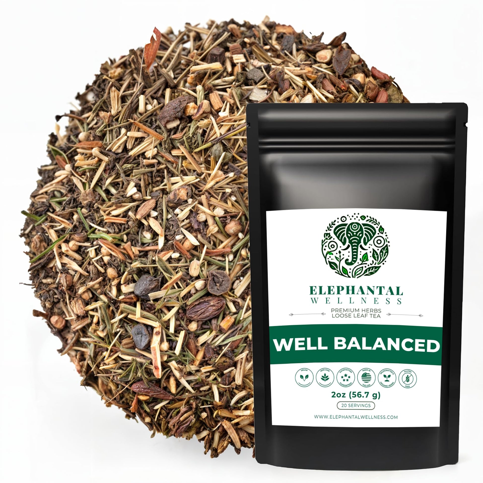 Elephantal Wellness Top-Grade Well Balanced Herbal Tea | For Healthy Cortisol  Adaptogenic Stress & Energy Support With Ashwagandha Tea  Goji  Reishi  Holy Basil & Lions Mane | Handmade  Energy Blend-Free  Non-Gmo Loose Leaf Blend | 4Oz  40 Servings