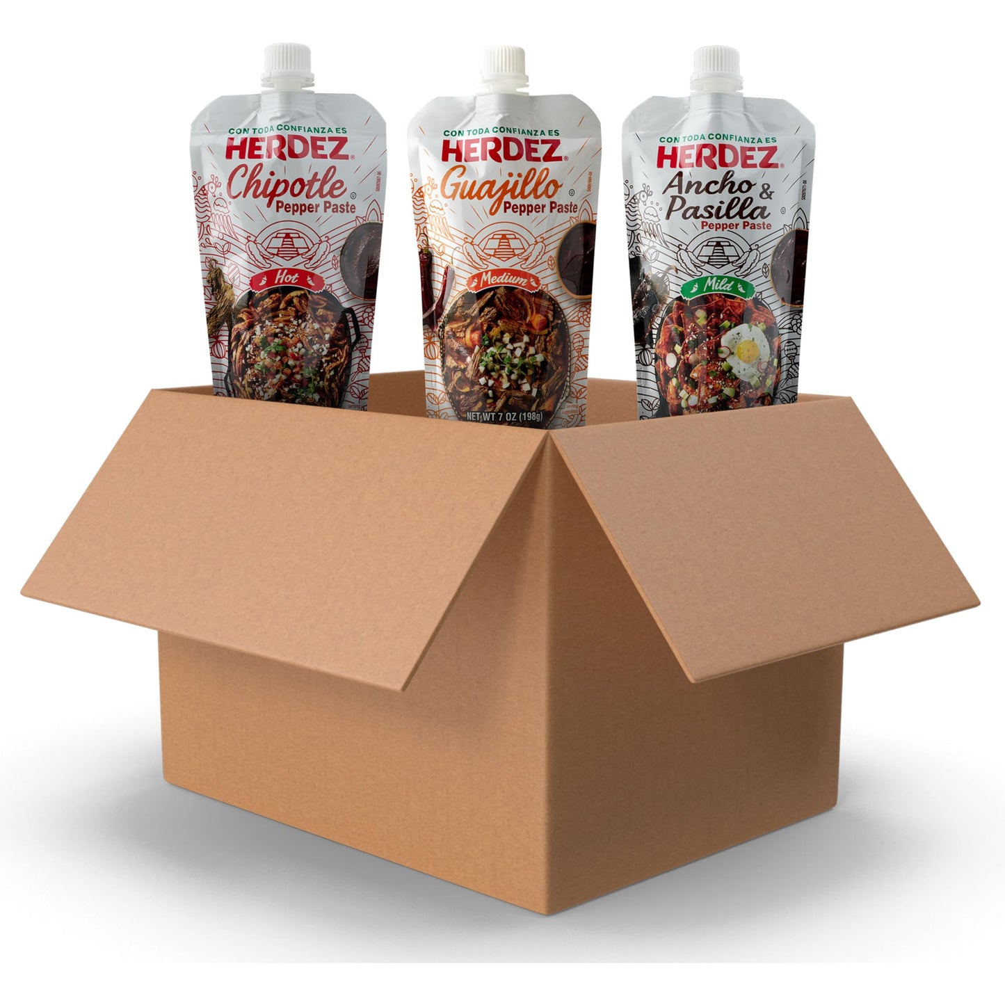 HERDEZ Pepper Paste Trio - Chipotle, Guajillo, Ancho & Pasilla - 7oz Squeeze Pouch with Easy Close Twist Cap - Dried Chile Alternative