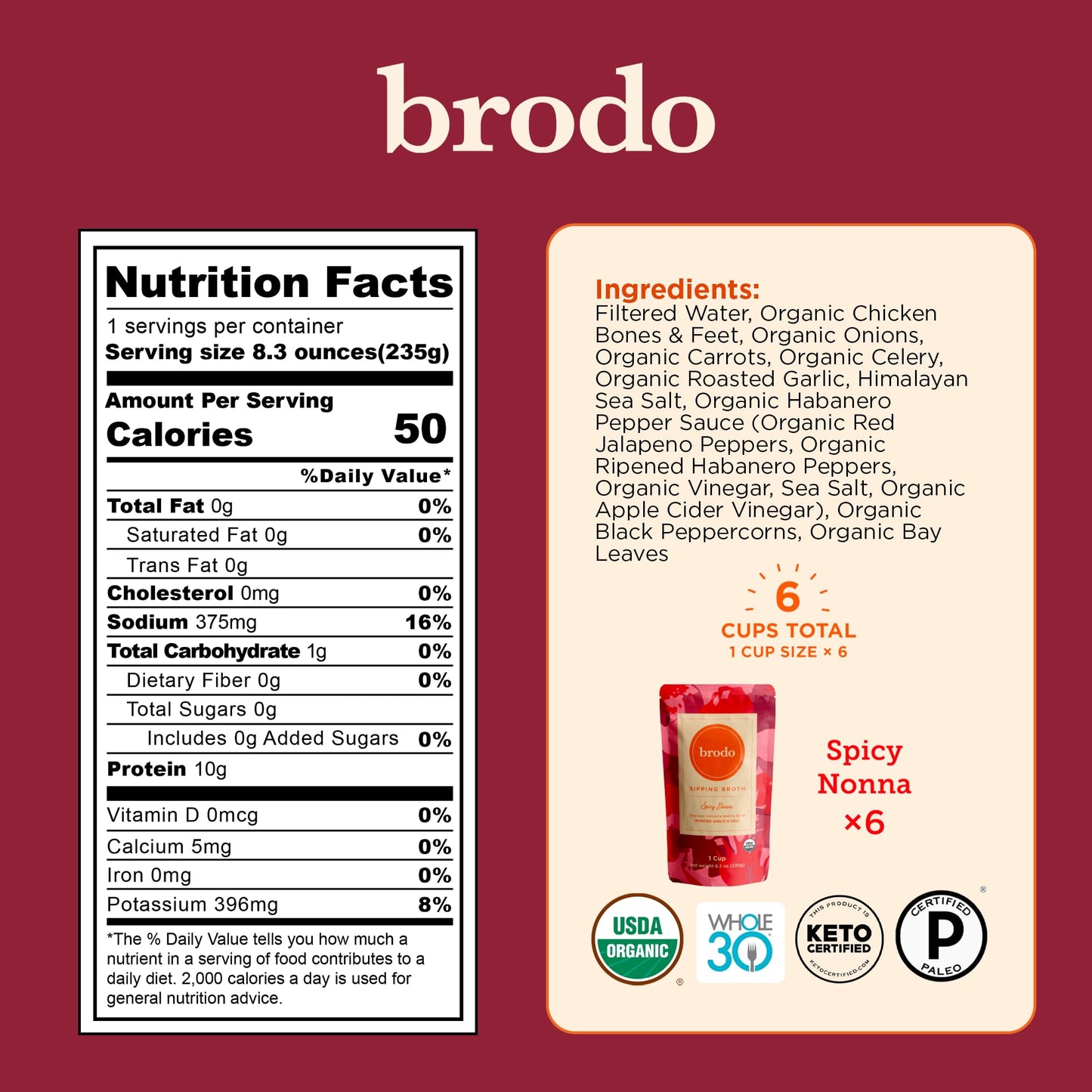 Brodo Spicy Nonna Roasted Garlic & Chili Chicken Bone Broth, Nutrient Dense, Chef Crafted, 6x8.3oz Pouches, No Preservatives