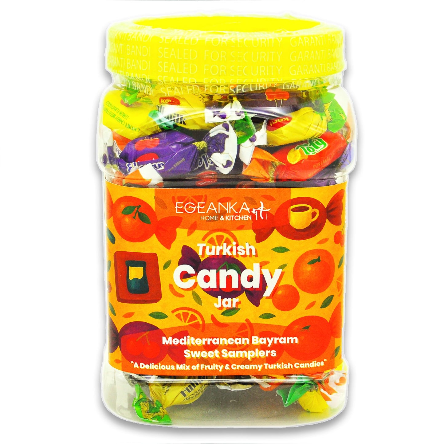 Egeanka Turkish Candy Jar, Mediterranean Bayram Sweet Samplers, Assorted Fruity and Creamy Halal Candies, 1 Pound
