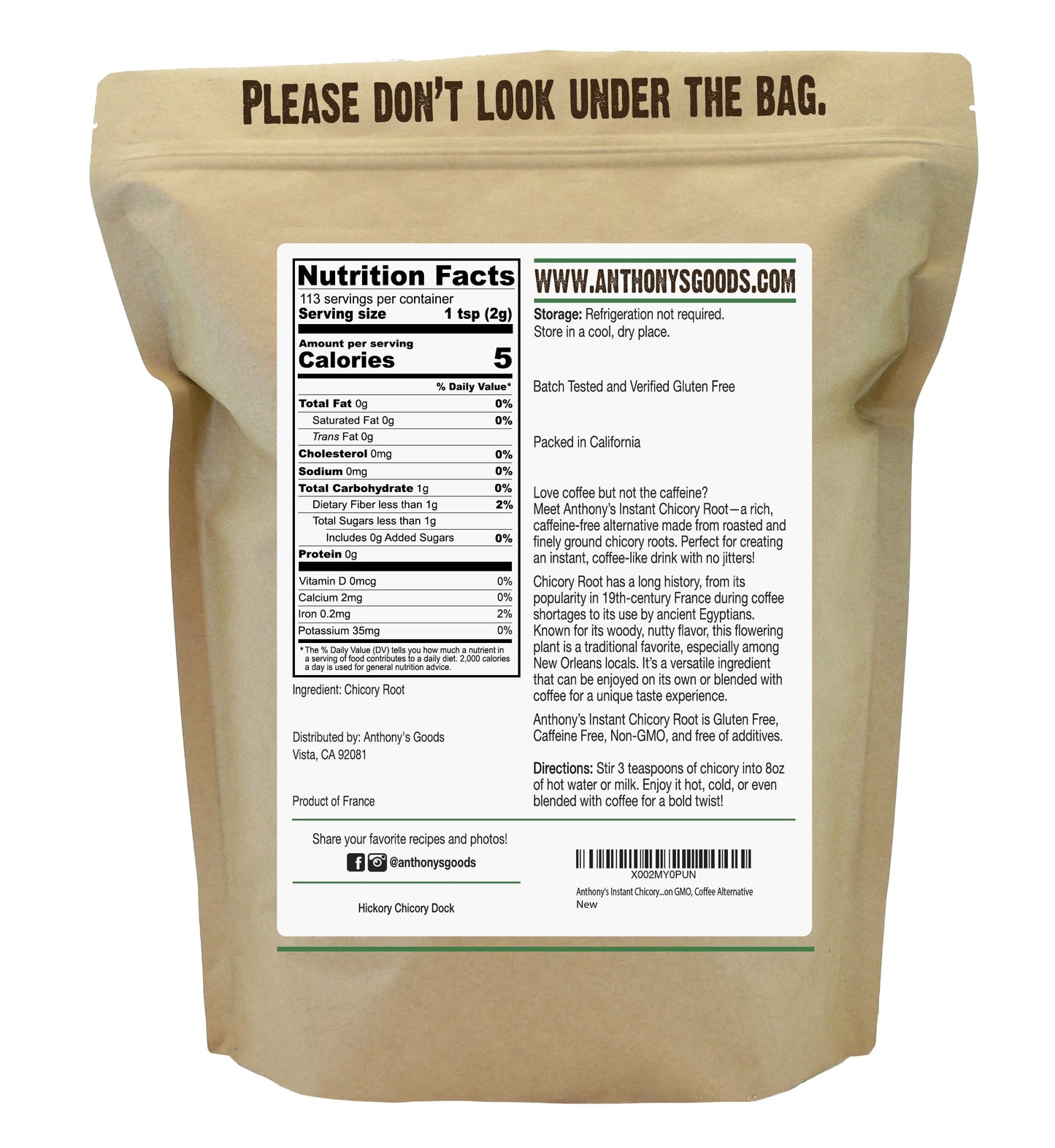 Anthonys Instant Chicory Root Coffee Alternative, Gluten Free, Caffeine Free, 8 oz