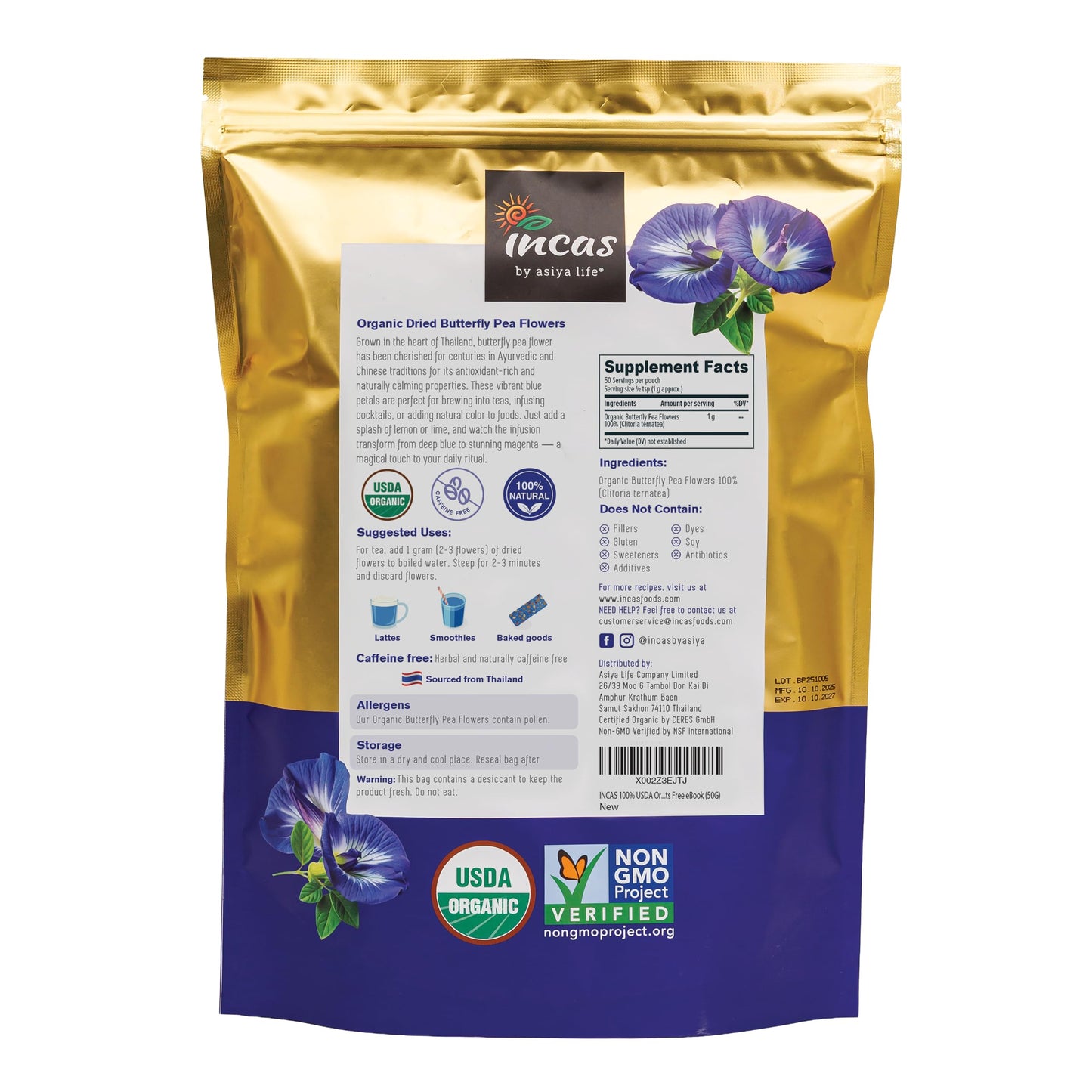 INCAS 100% USDA Organic Butterfly Pea Flower 1.76 oz (150+ Cups) DIRECT FROM SOURCE Thailand Non GMO Verified Dried Caffeine Free Gluten Free Vegan Rich in Antioxidants Free eBook (50G)