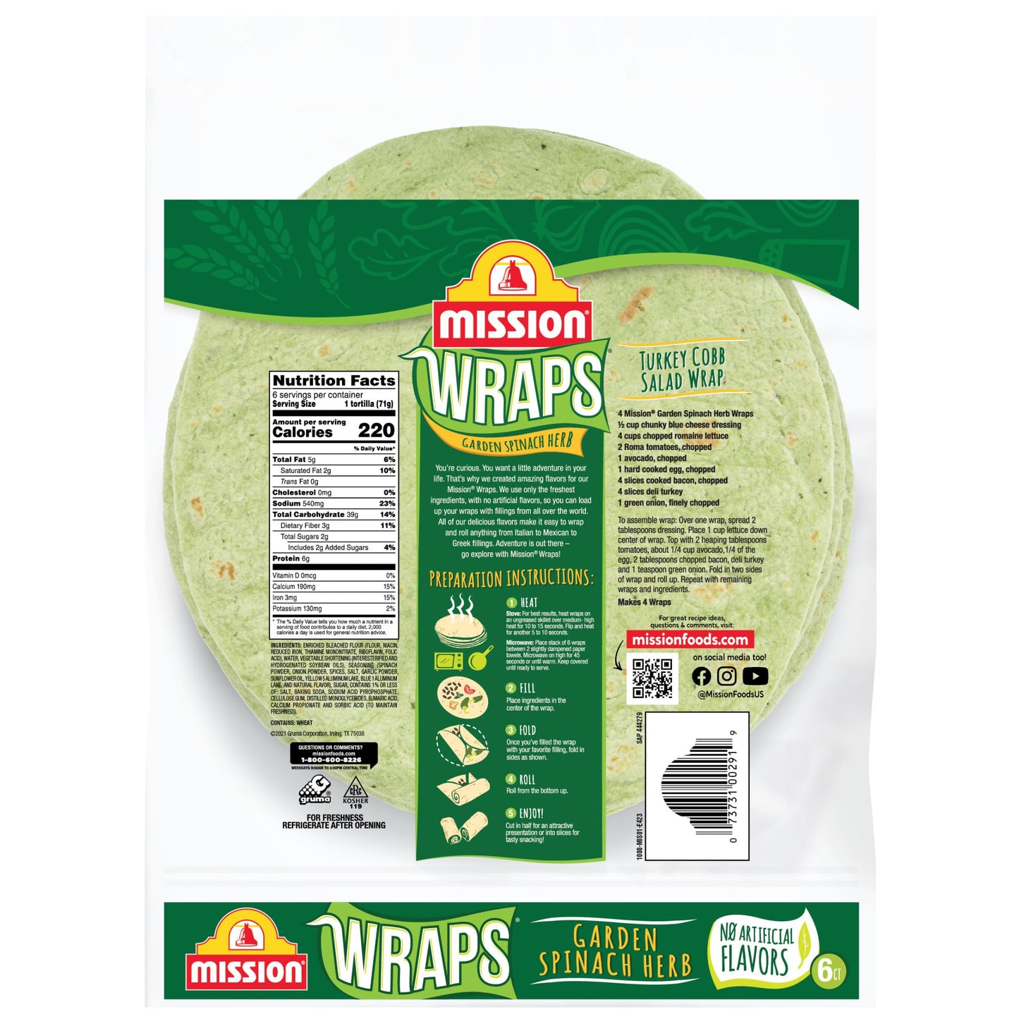 Mission Garden Spinach Herb Wraps, Soft Veggie Wraps, 6 Count, Trans Fat Free