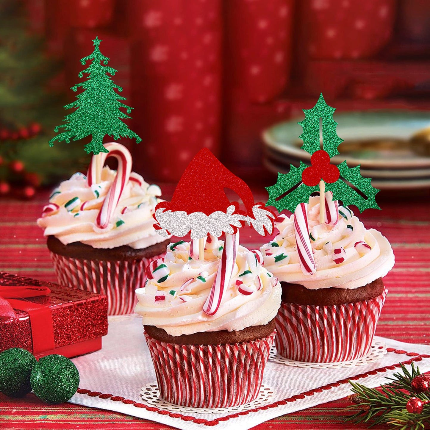 24 Pcs Christmas Holly Leaves And Berries Cupcake Toppers Glitter Santa Hat Christmas Tree Cupcake Picks Winter Merry Christmas Theme Birthday Party Cake Decorations Supplies