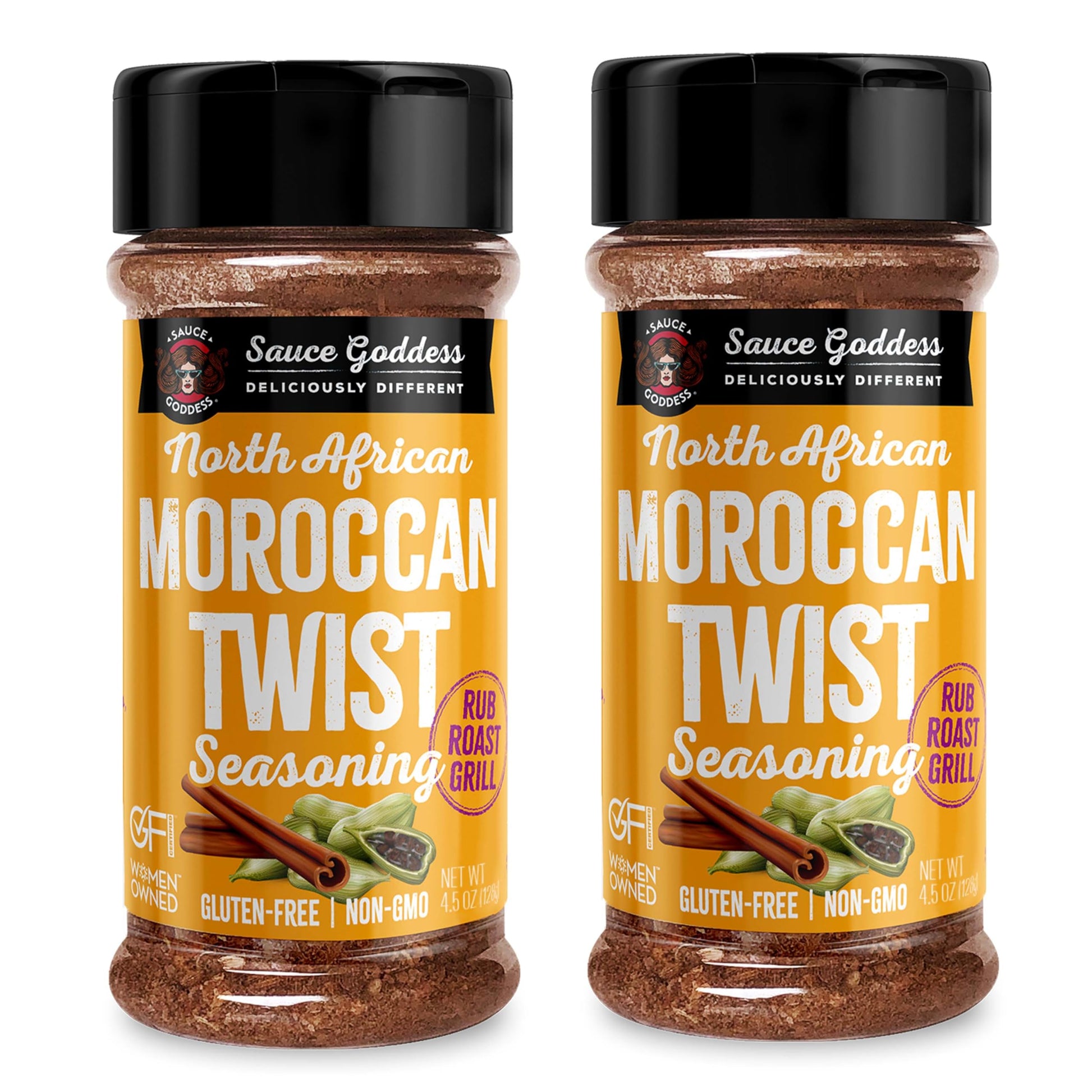 Sauce Goddess Moroccan Twist Spice Shaker - Exotic Blend with Cardamom & Cinnamon - 4.5oz (2 Pack) - Gluten-Free, Vegan, Low Sodium
