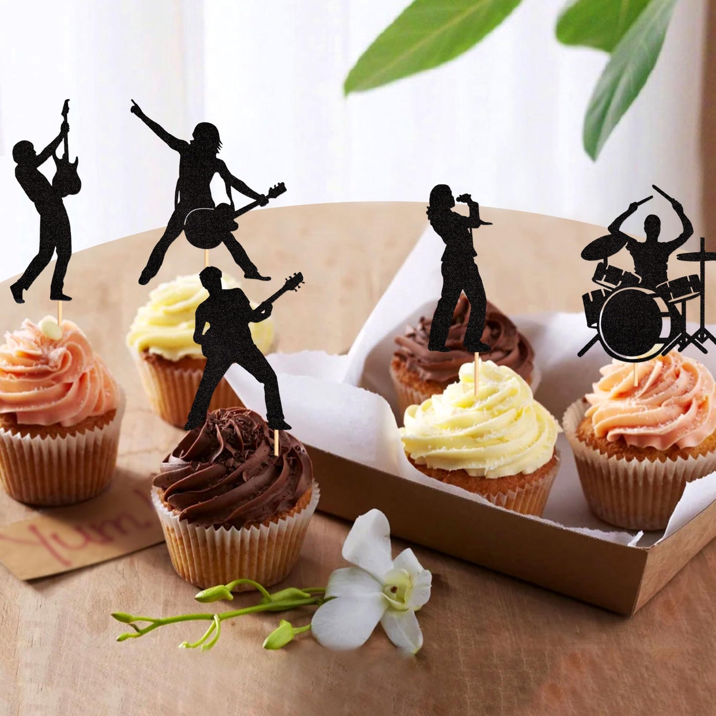Ercadio 25 Pack Rock Band Cupcake Toppers Black Glitter Band Cupcake Picks Rock Pop Music Theme Cupcake Picks Music Concert Them
