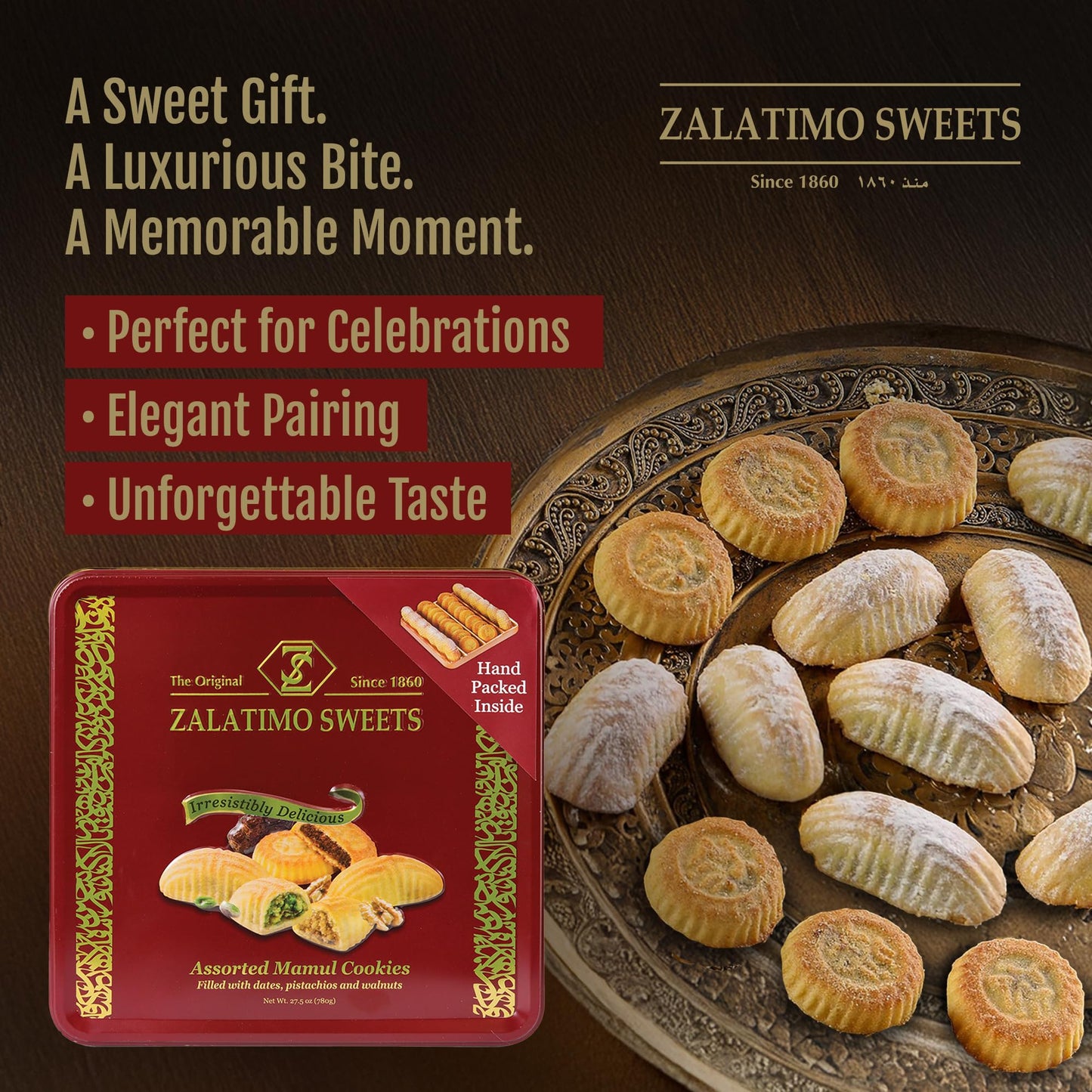 Zalatimo Sweets Since 1860, 100% All Natural Sesame & Butter Shortbread Cookies, Square Metal Gift Tin, Slightly Sweet Cookies With No Preservatives, No Additives, No Corn Starch, No Syrups! 1.4Lbs