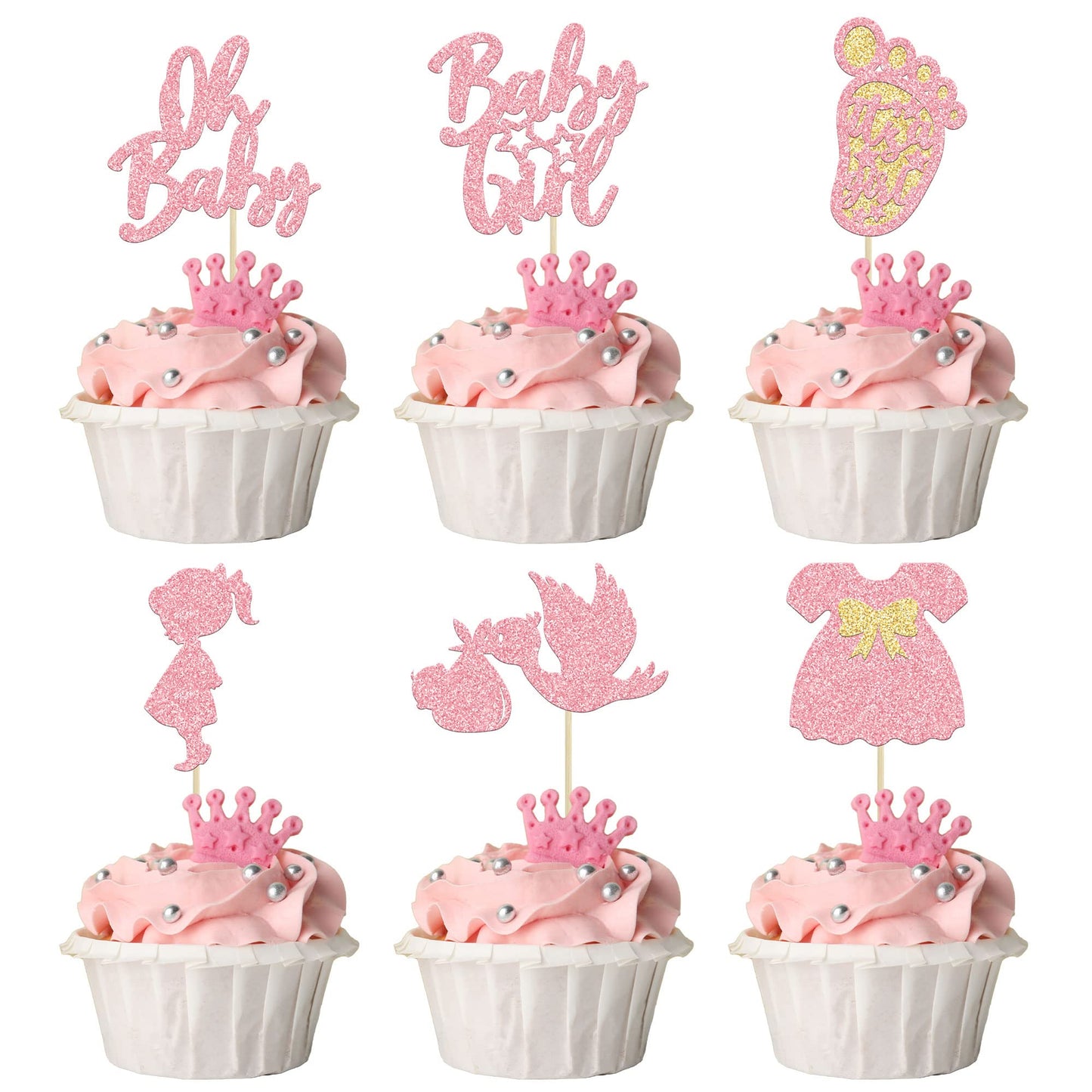 24Pcs Baby Shower Oh Baby Cupcake Toppers With Bow Dress Footprint Swan Pink Glitter Baby Girl Cake Picks Decorations For Baby S